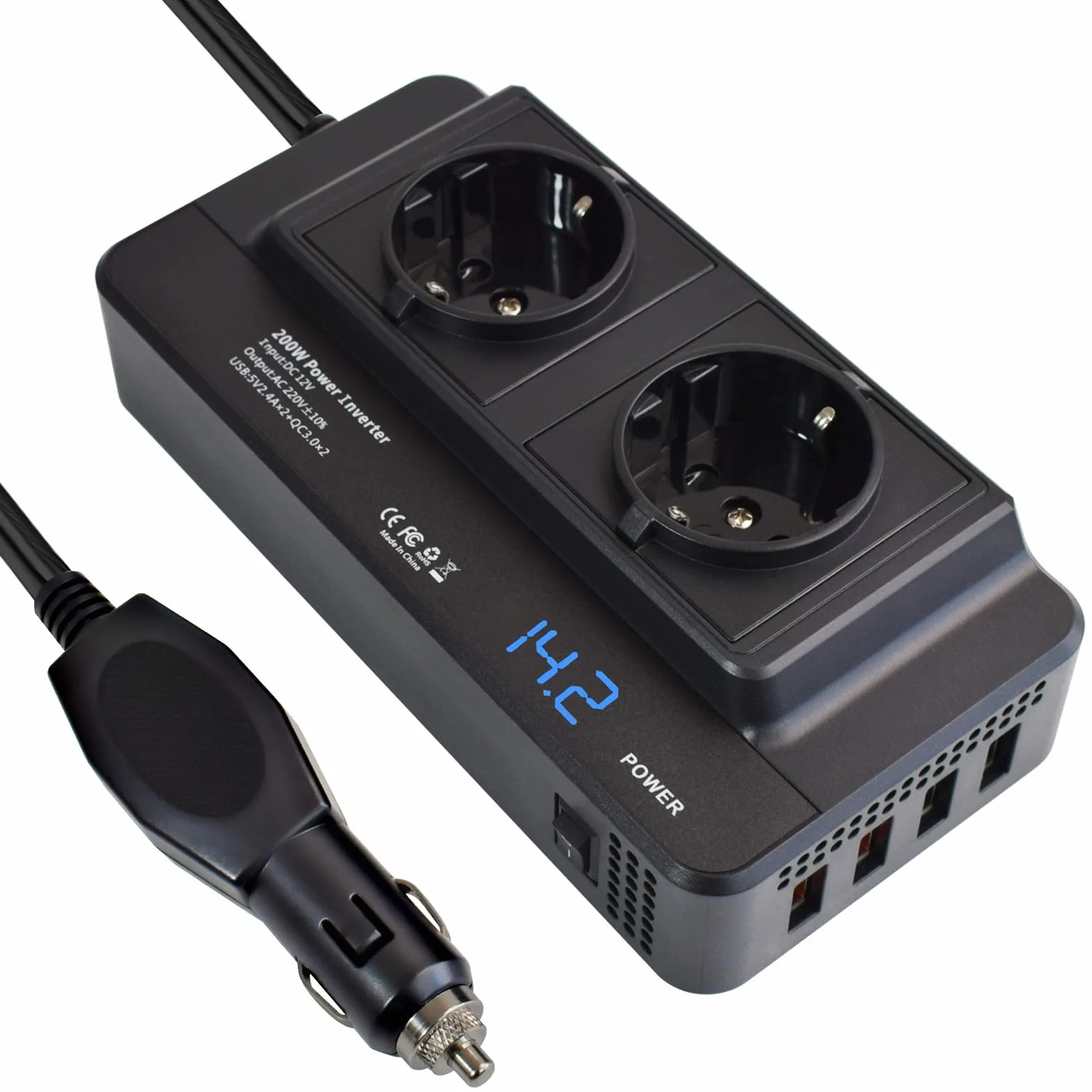 Przetwornica napięcia, 12 V na 220 V, 230 V, 200 W, adapter do gniazda zapalniczki samochodowej, adapter wtyczki, modyfikowane fale, przetwornik prądu z 2 gniazdami, 4 portami USB 4,8 A i