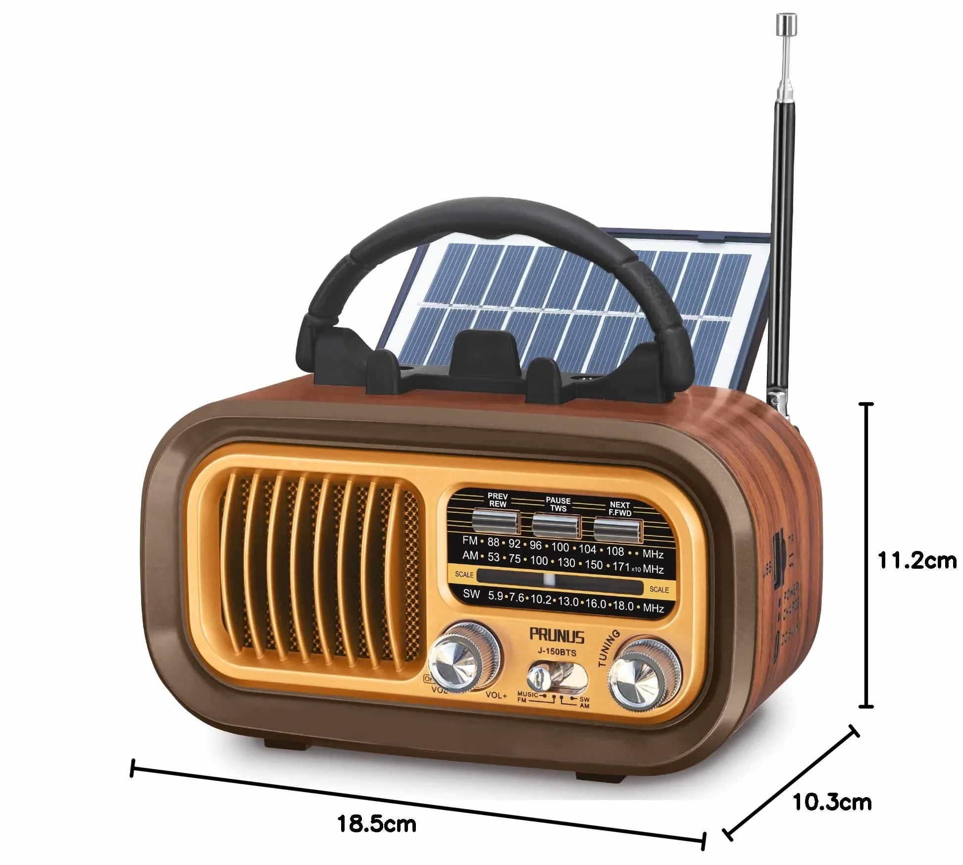 PRUNUS J-150 Radio przenośne retro, AM/FM/SW małe radio Bluetooth, na baterie 1200 mAh z akumulatorem lub bateriami D-Cell, z panelem słonecznym, radio na energię słoneczną, obsługuje USB/karty TF