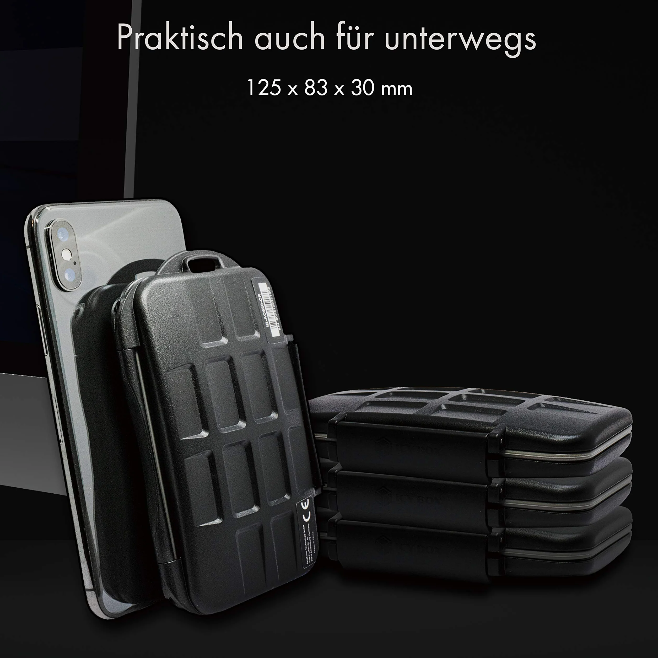 ICY BOX Przechowywanie kart SD na 28 kart pamięci (8 x SD, 16 x Micro-SD, 4 x CF), zamknięcie na zatrzask, etui z karabińczykiem, czarne