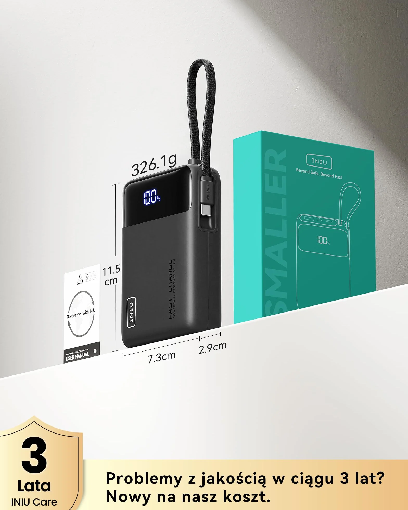 INIU Power Bank 20000mAh, Mały 45W PD Szybkim Ładowaniem Powerbank wbudowany Kabel USB-C, Bezpieczny w Locie Zestaw akumulatorów do iPhone 17 16 15 14 13 12 Pro Max Samsung S26 S25 Xiaomi iPad itp.