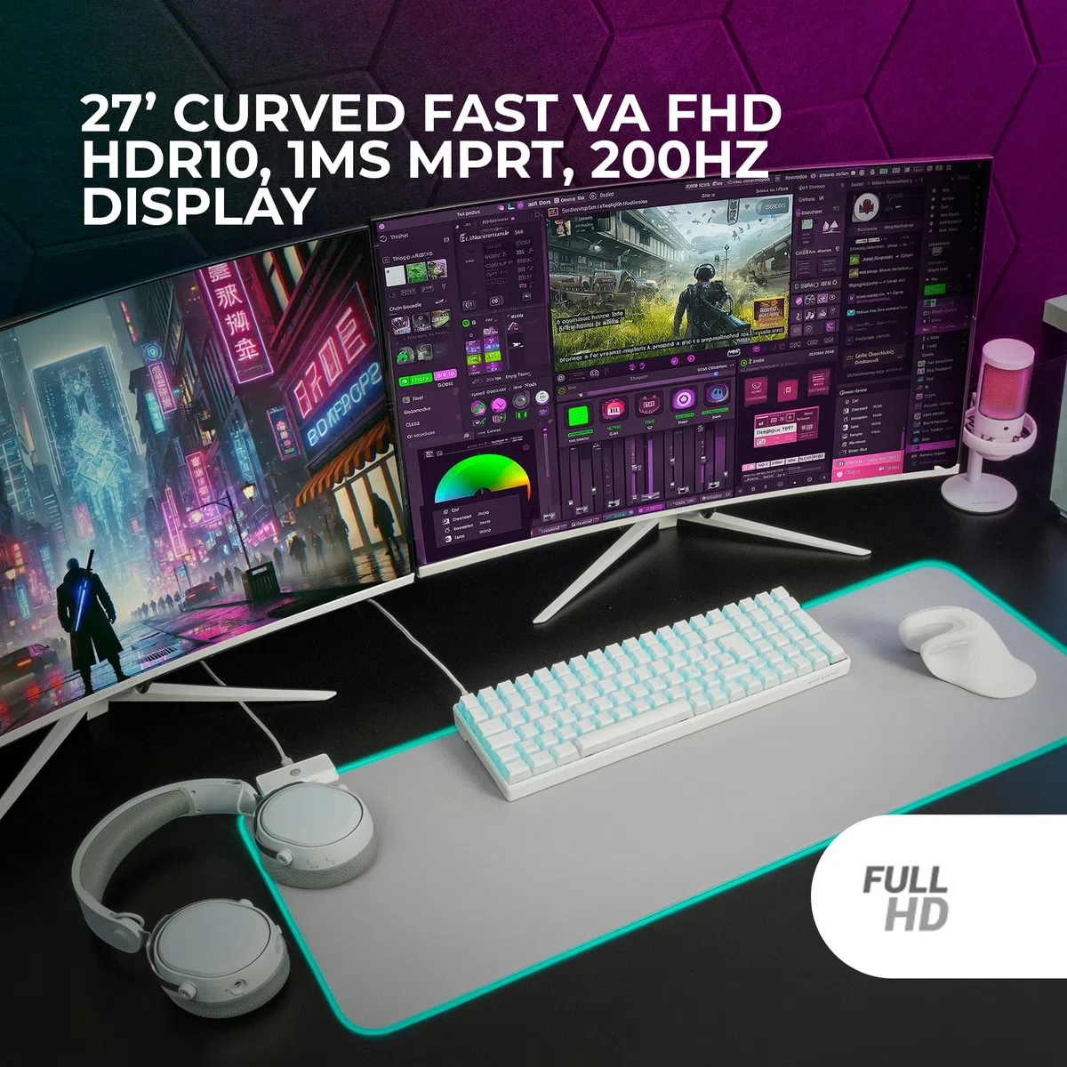 Mars Gaming MV-27C, Zakrzywiony Monitor Gamingowy 27” FHD 1080p 200Hz, HDR10 1ms, FreeSync i G-Sync, Bezramkowy Monitor PC, Low Blue Light i Flicker-Free, HDMI + DisplayPort + Jack 3.5mm, Biały