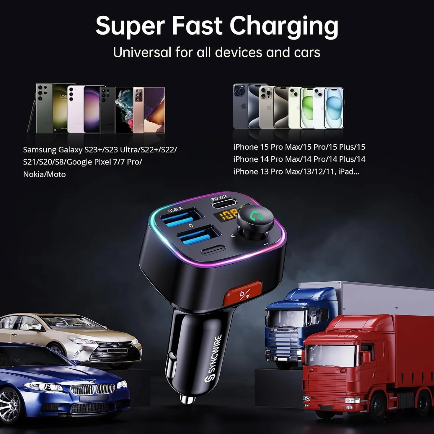 Syncwire Bluetooth 5.3 FM Nadajnik Samochodowy 48W Ładowarka Samochodowa Bezprzewodowy Odbiornik Radiowy Wyświetlacz LED USB