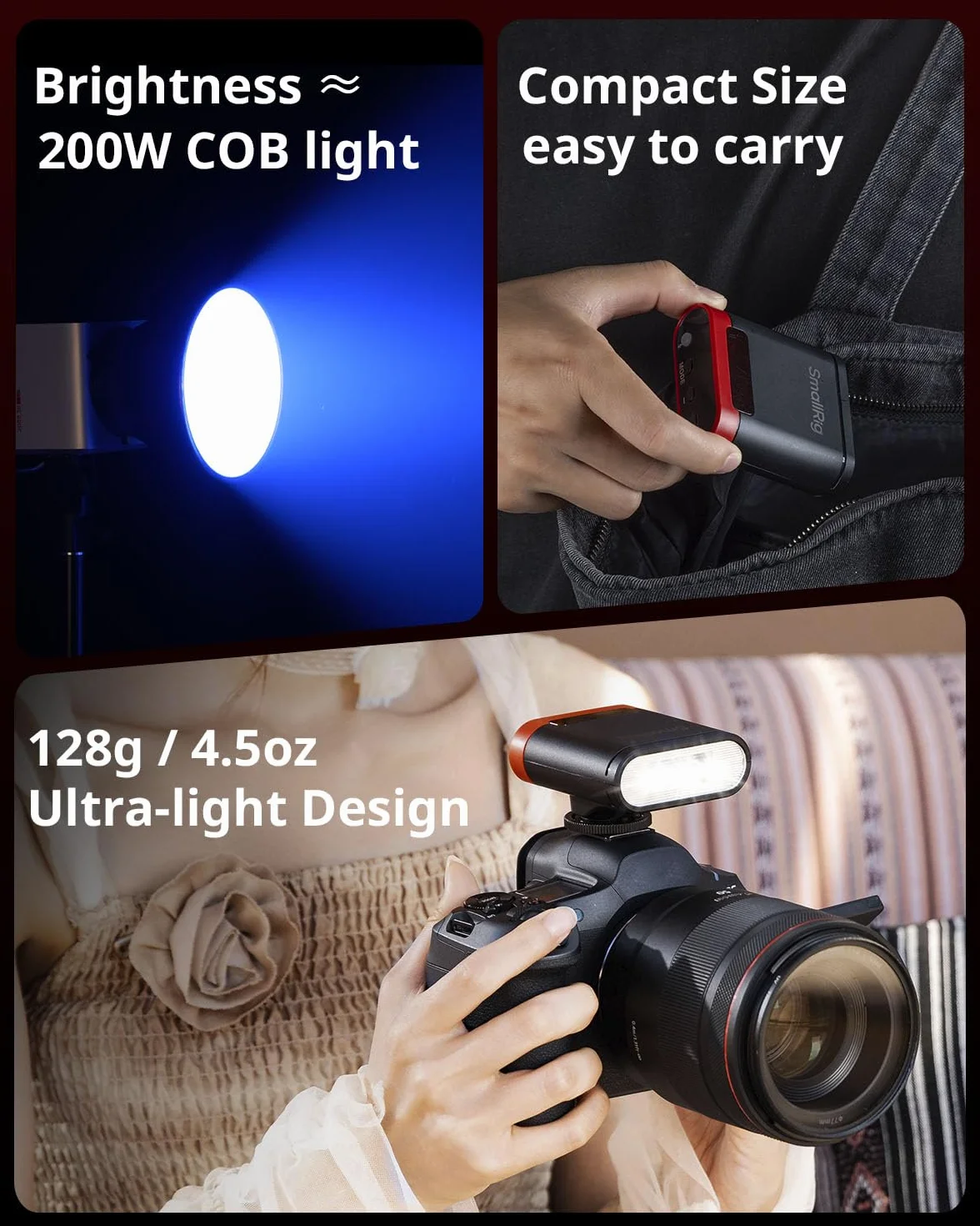 SMALLRIG Miniaturowa lampa błyskowa RS20 do aparatów Canon i Sony, lampa błyskowa Speedlite GN12 z baterią 2000 mAh, wyświetlacz OLED, 8 poziomów, 500 błysków o pełnej mocy/1,8 s, 5374