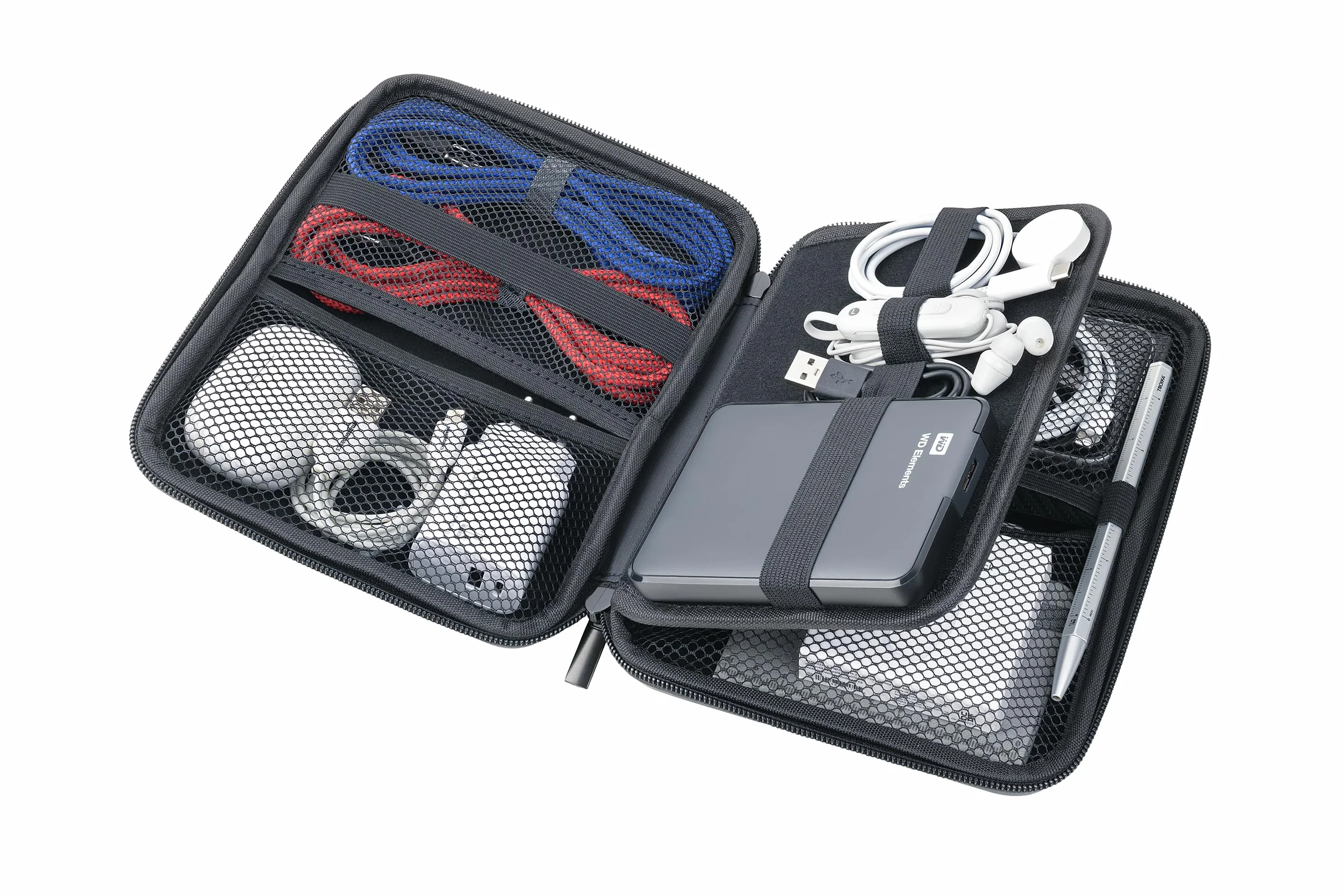 TROIKA Organizer etui z zamkiem błyskawicznym TRAVEL CASE CARBON z 3 przegródkami wewnętrznymi i 6 elastycznymi szlufkami na taśmie wraz ze ścianką działową (wewnątrz) sztuczna skóra, aksamit – wygląd
