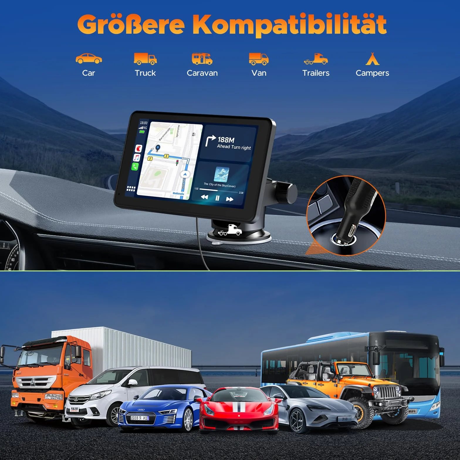 Volam Bezprzewodowy wyświetlacz samochodowy z systemem Android z 7-calowy ekran dotykowy, Mirror Link, nawigacja na żywo, Play Music, Siri, G00gle, asystent głosowy, Bluetooth,FM/Aux