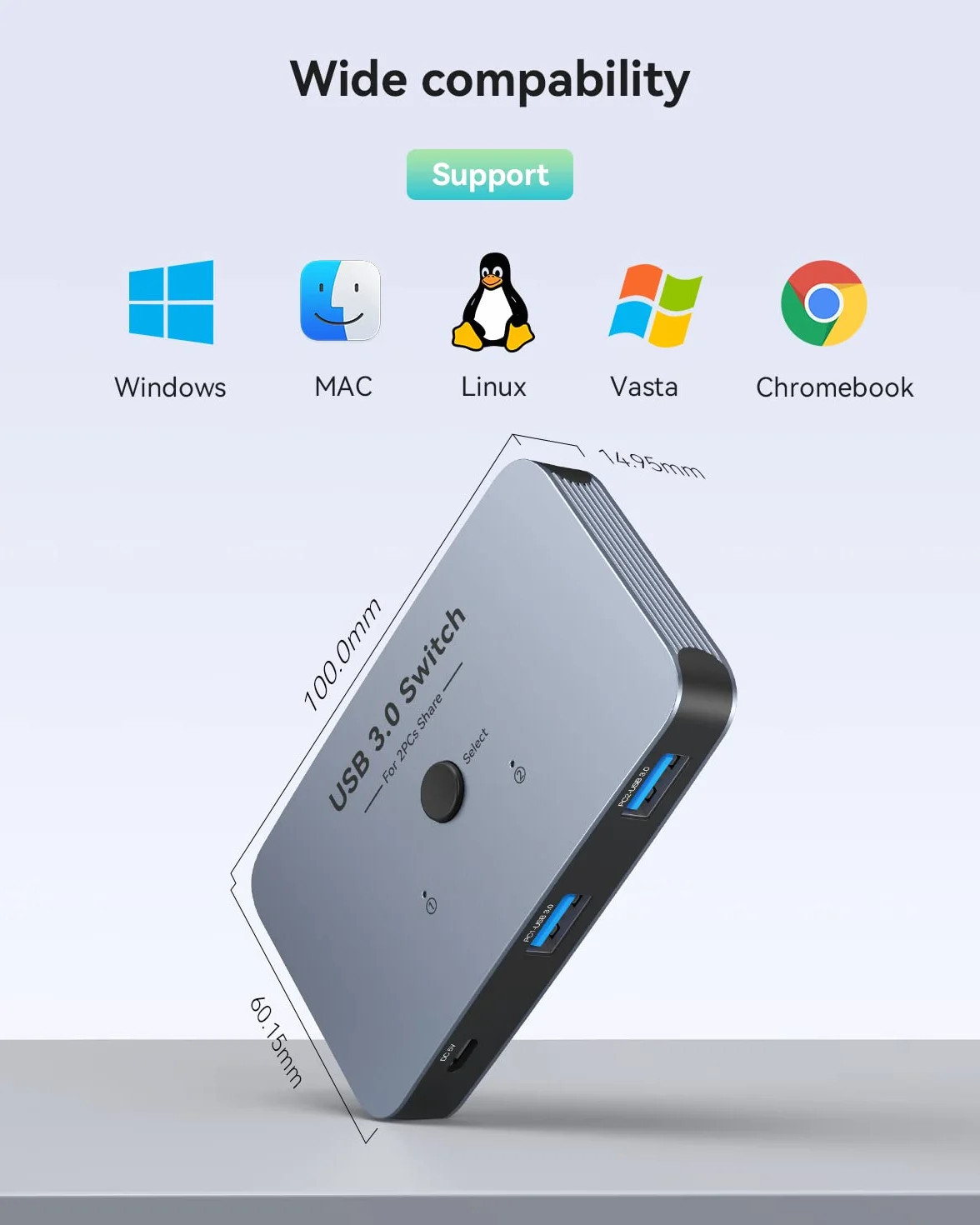 ABLEWE Przełącznik USB 3.0, przełącznik KVM, aluminiowy przełącznik USB, 2 komputery, udostępnianie 4 urządzenia USB do drukarki PC, skaner, klawiatura z 2 kablami USB 3.0, szary