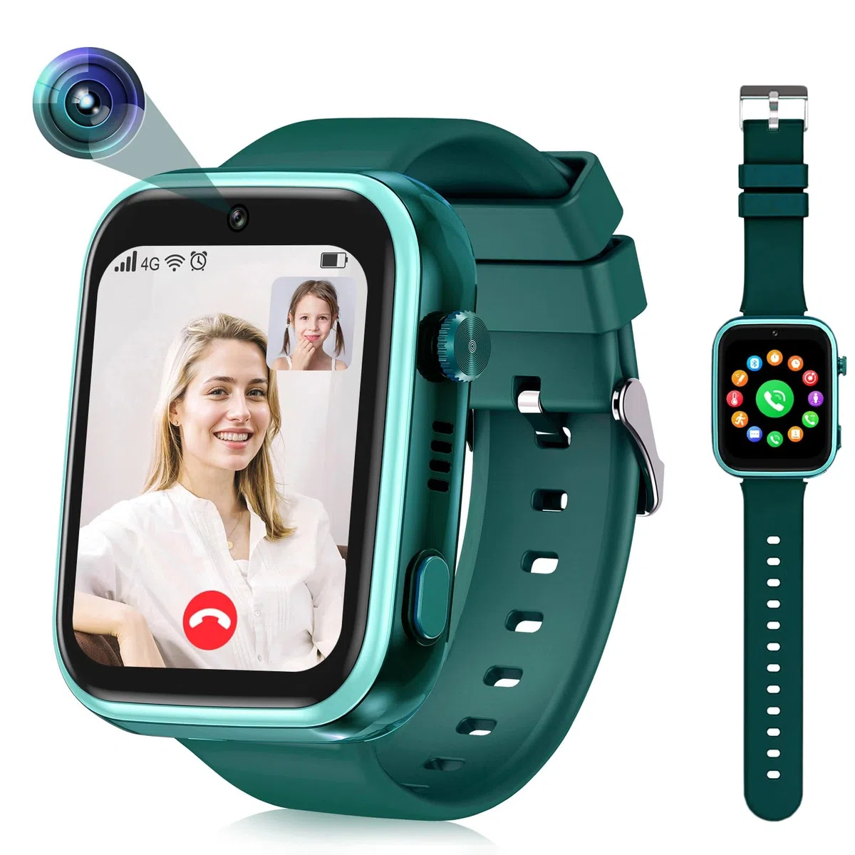 OKYUK Smartwatch dziecięcy 4G z trackerem GPS, dwukierunkowe połączenia, SOS, smartwatch z wieloma stylami pulpitu do wyboru dla 6-12 chłopców i dziewczynek (ciemnozielony)