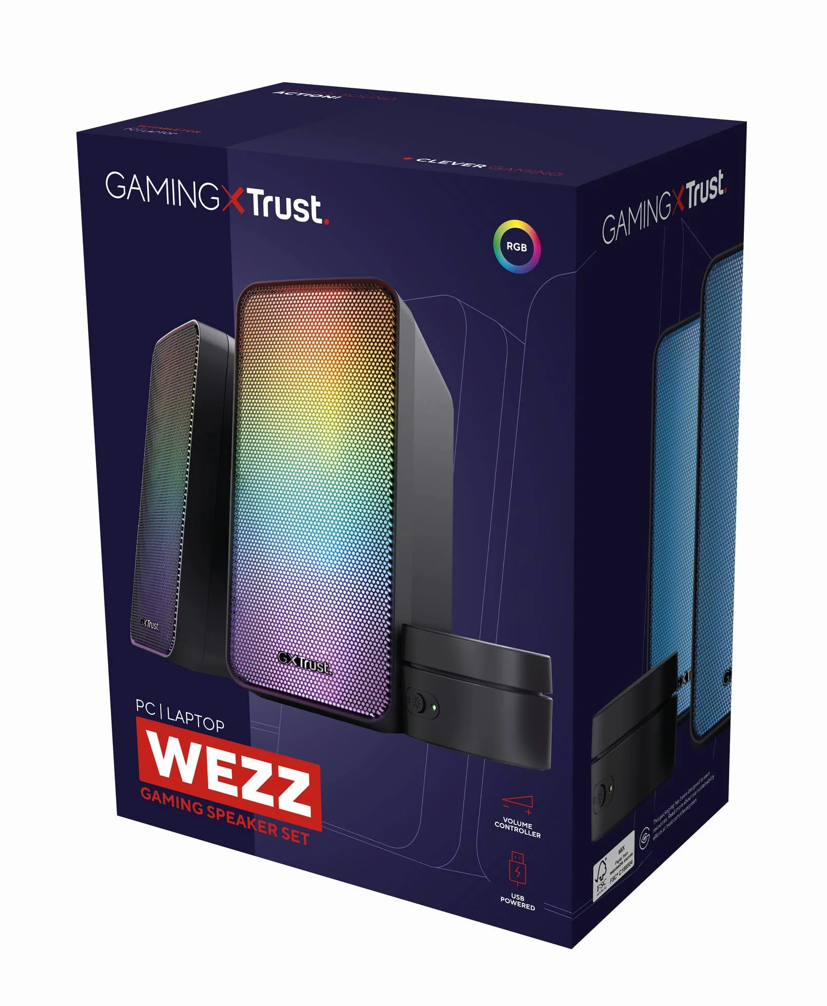 Trust Gaming GXT 611 Wezz 2.0 głośniki do gier z oświetleniem RGB LED 12 W (6 W RMS), zasilanie USB, 3,5 mm, głośniki PC stereo dla komputera, laptopa i gier - czarny