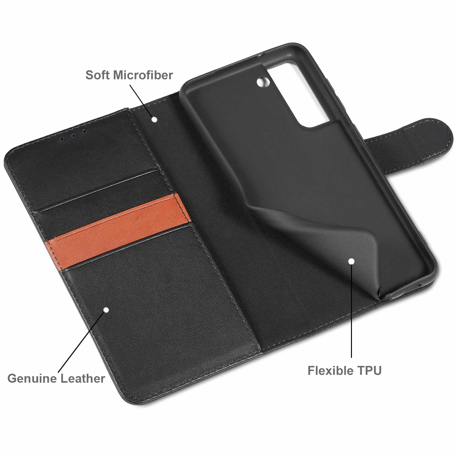 Etui LENSUN do Samsung Galaxy S21 FE 5G, etui z prawdziwej skóry portfel [RFID Blokad] z pamięcią na karty i zapięciem magnetycznym kompatybilne z Samsung S21 FE 5G- czarne (S21FE-JT-5BK)