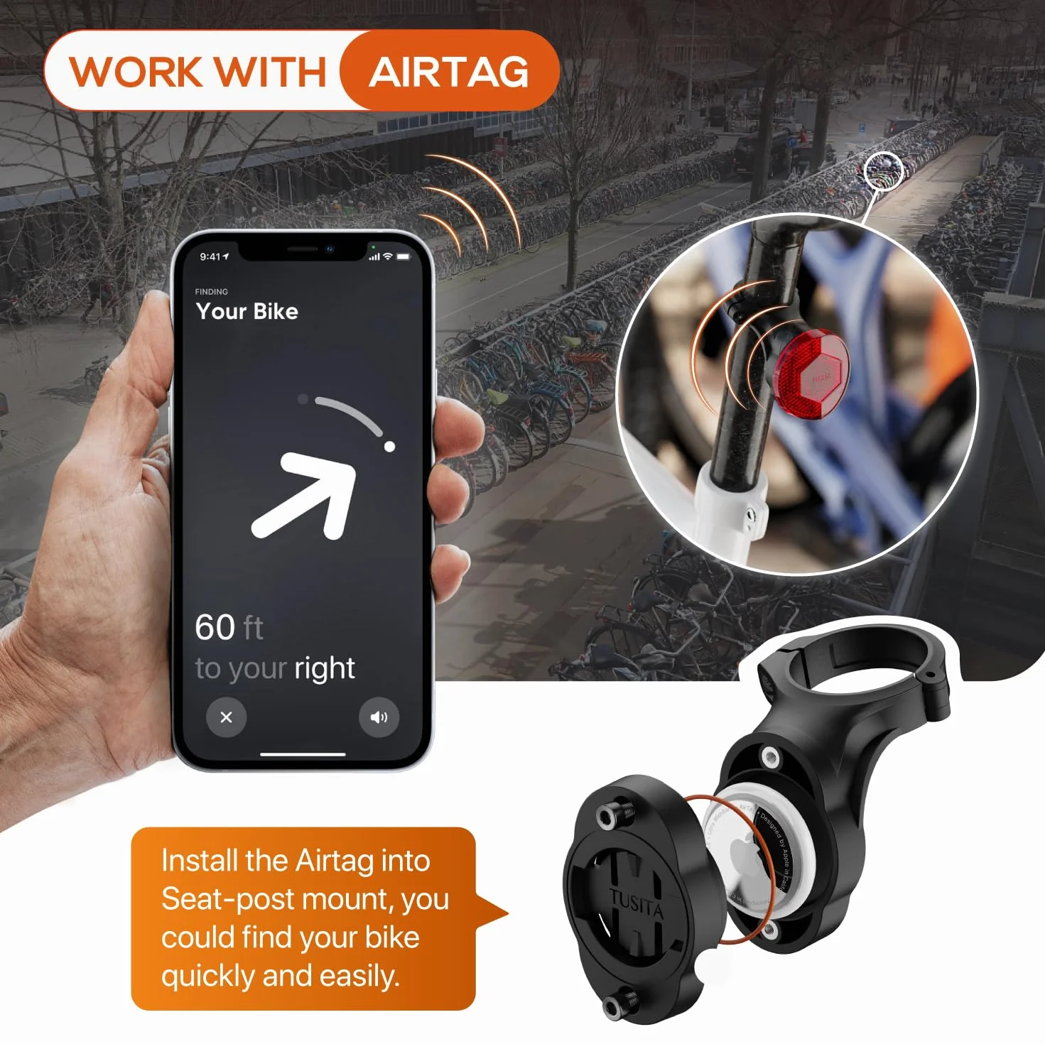 TUSITA Uchwyt Rowerowy Airtag, Ukryty Uchwyt na Sztycy Rowerową Kompatybilny z Airtags & Garmin Varia, Przeciwkradzieżowy Air tag GPS Tracker Uchwyt na Rowerowy