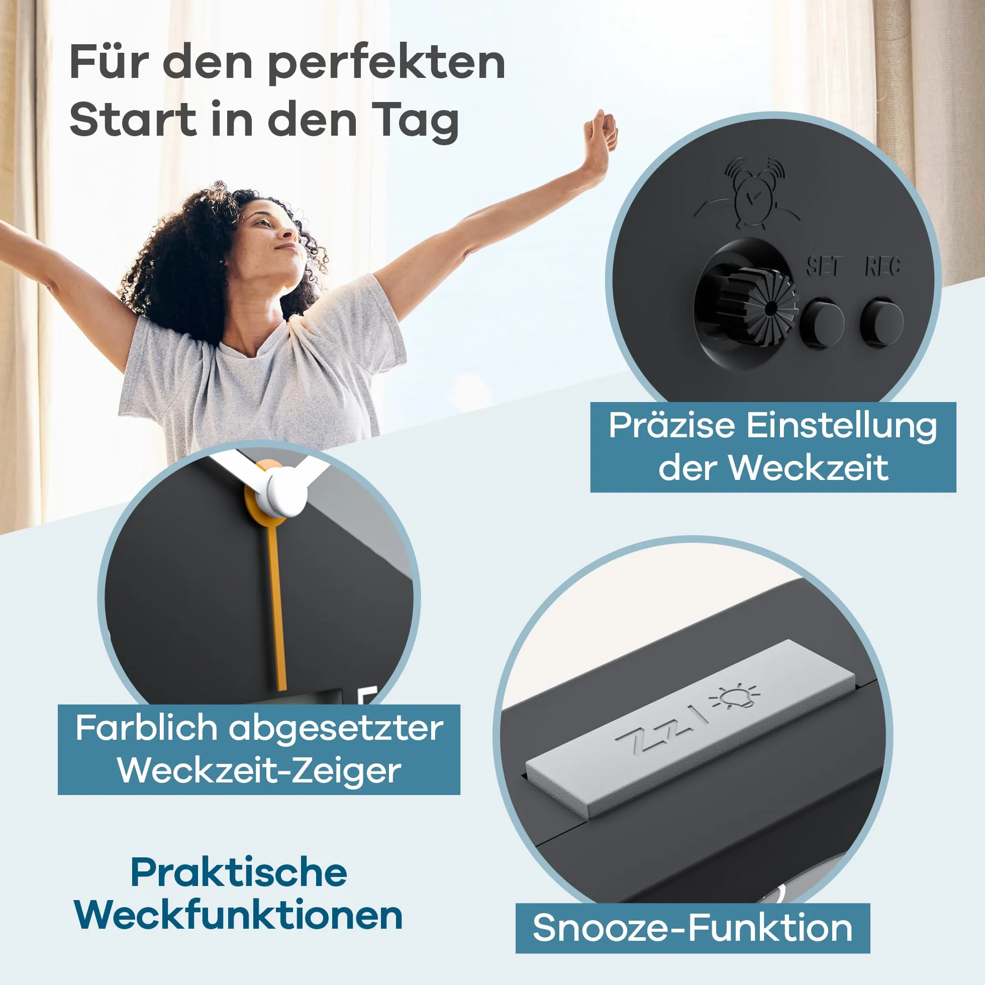 MEBUS Funk-Wecker mit Thermometer/Datumsanzeige, Schlummerfunktion, großes Display/Quadratisch/Hintergrundbeleuchtung/Farbe: Schwarz/Modell: 25609