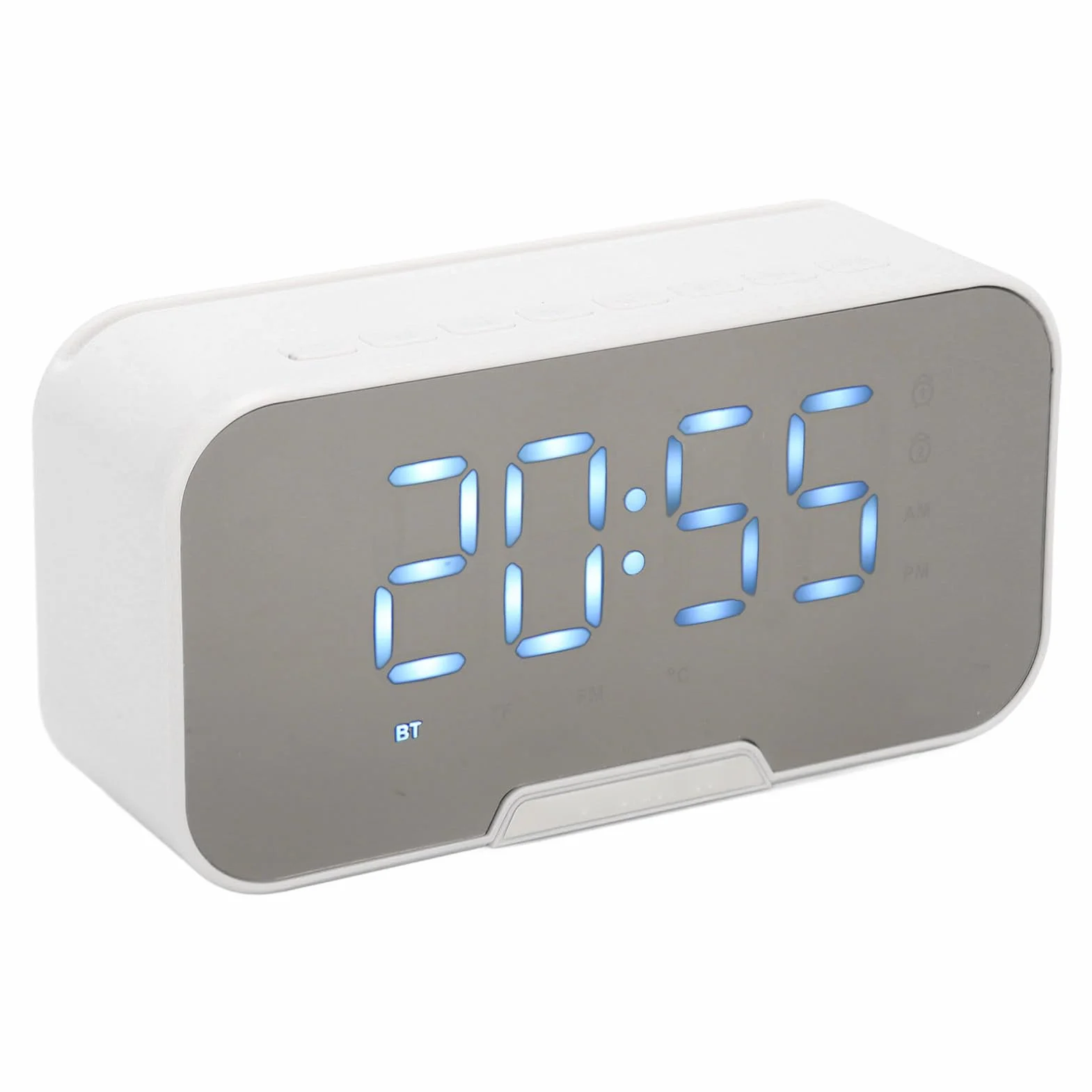 Głośnik Bluetooth z Cyfrowym Budzikiem, Wielofunkcyjny Głośnik z Lustrzanym Budzikiem i Radiem FM do Biura w Sypialni, Obsługa Radia FM z Wyświetlaczem Temperatury (Biały)