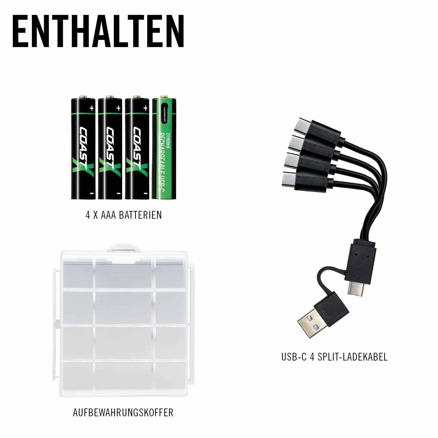 Coast Akumulator AAA USB-C Lithion-X, litowo-jonowy, 1,5 V, 750 mAh, trwałe, ładowanie w ciągu 1,3 godziny, kabel do ładowania w zestawie, 4 sztuki