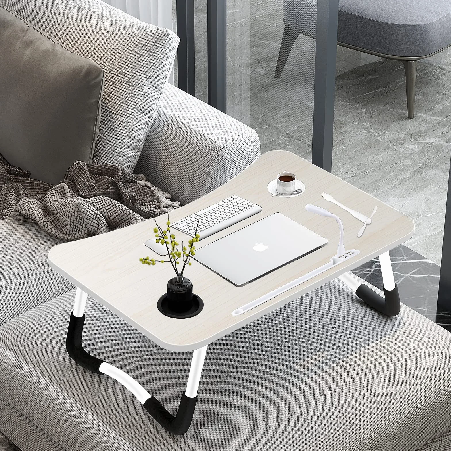 Stolik pod laptopa, składany stolik do notebooka z 4 portami ładowania USB, szufladą, stojakiem na tablet, szczeliną na filiżanki, na łóżko, sofę, podłogę (60 x 40 cm, Biały)