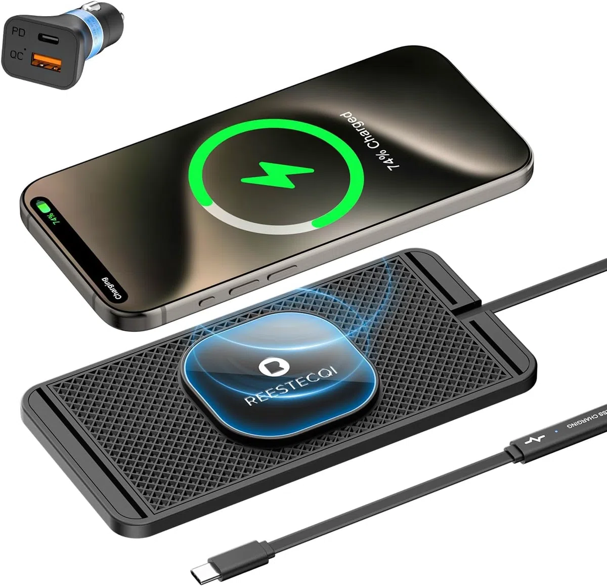 Magnetyczna bezprzewodowa ładowarka samochodowa, REESTECQI bezprzewodowa podkładka ładująca 15 W do ładowarki Magsafe, bezprzewodowa ładowarka do samochodu, antypoślizgowa, typ C, z ładowarką