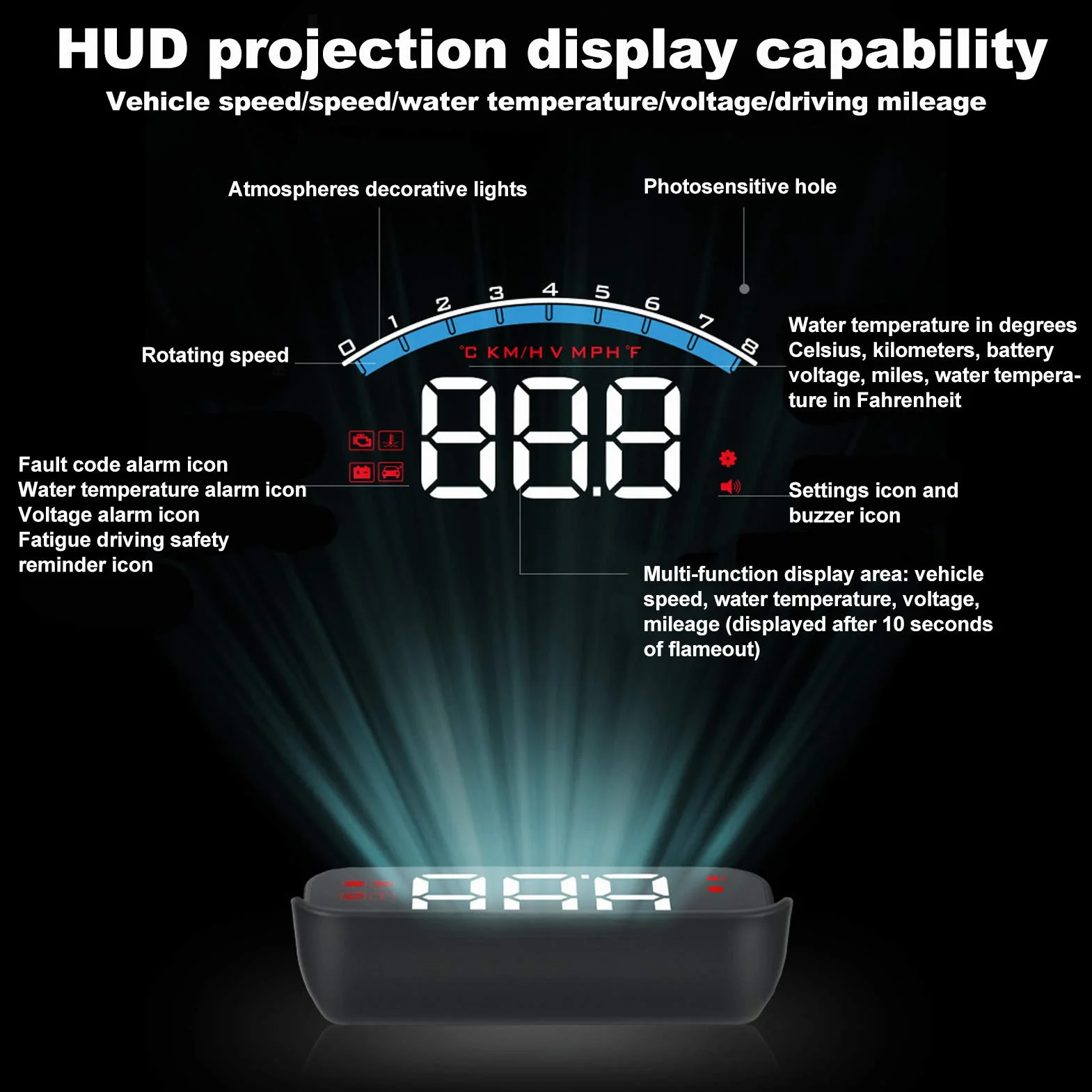 Uniwersalny Wyświetlacz Samochodowy HUD Heads Up, Wyświetlacz Heads-up dla Samochodów, High Definition OBD HUD Projektor Przedniej Szyby Alarm Bezpieczeństwa, Prędkość Wyświetlania, Temperatura Zbiorn