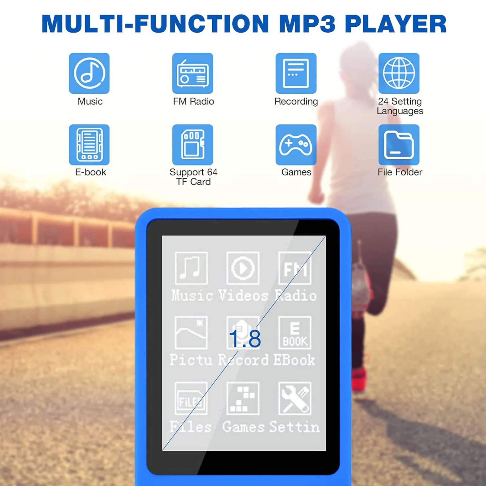 Lychee Cyfrowy odtwarzacz muzyki, odtwarzacz MP3/MP4, aktualizacja 8 GB przenośny odtwarzacz muzyki bez stratnego dźwięku z muzyką/wideo/nagrywaniem głosu/radiem FM/czytnik e-booków, obsługuje do 64 GB (niebieski)