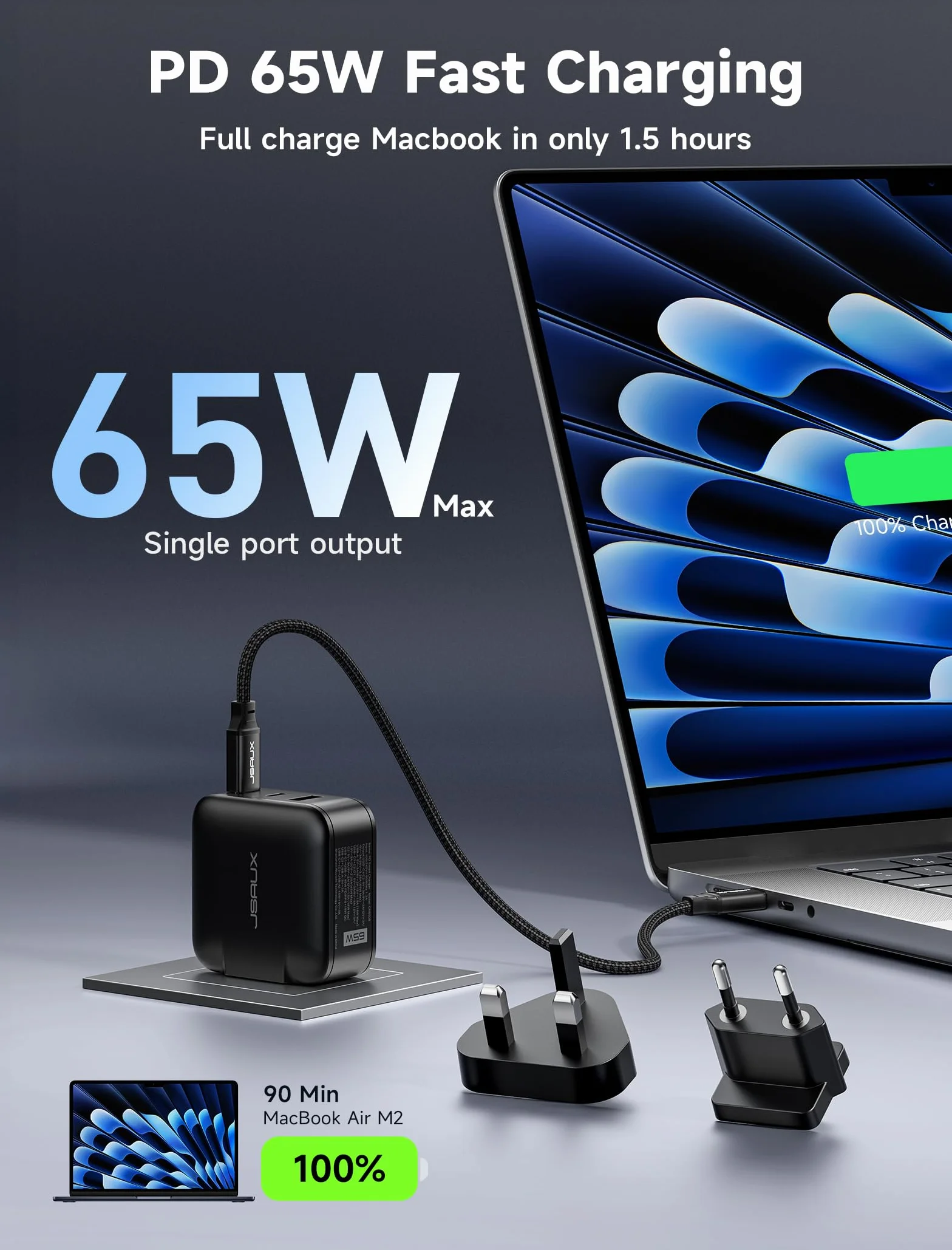 JSAUX Ładowarka USB C 65 W 3-portowa PPS z kablem 2 m UK/EU do MacBook iPad iPhone Galaxy S25/S24 Ultra