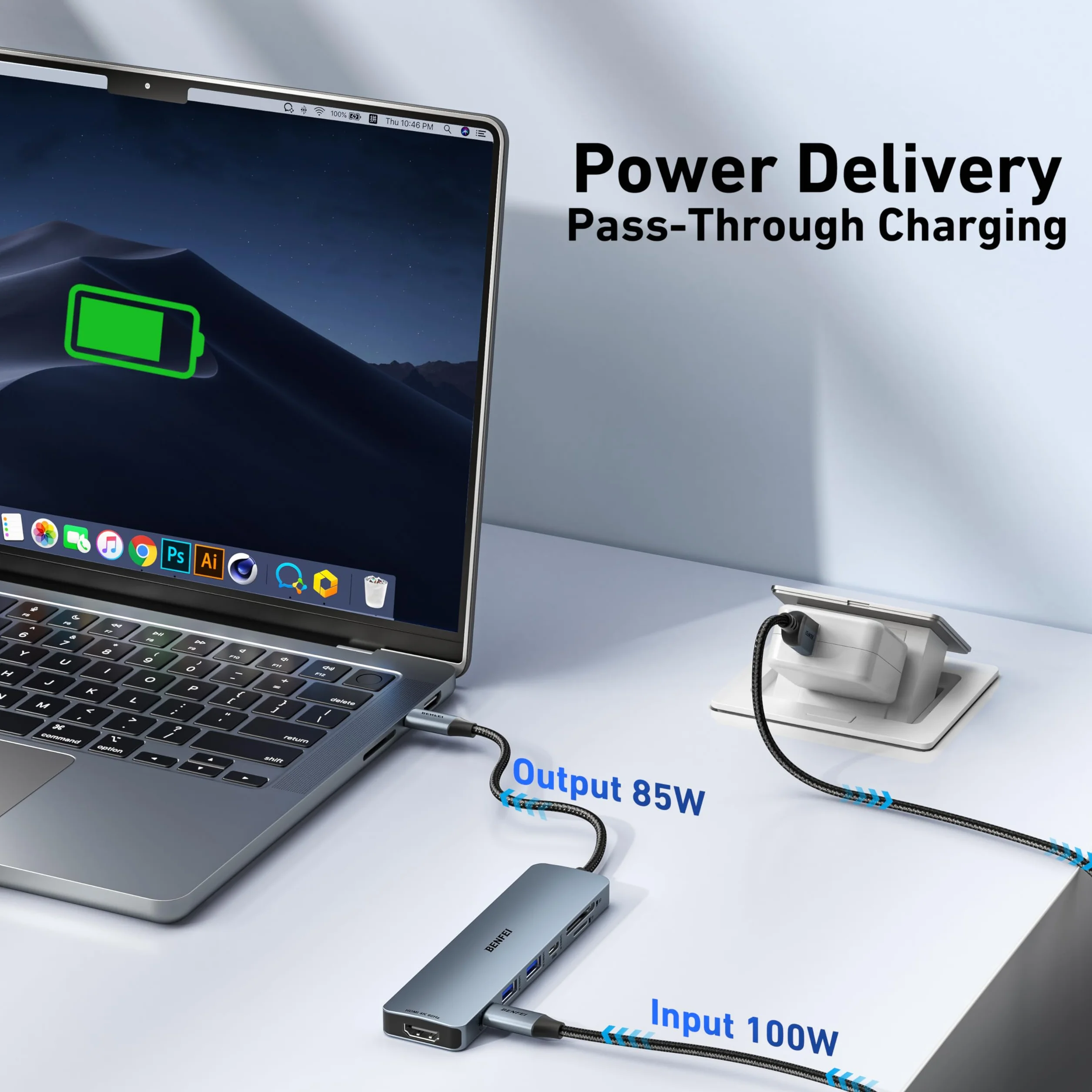 BENFEI Hub USB C 7w1 z HDMI (4K@60Hz), 2 USB-A, 1 USB-C do transmisji danych, ładowanie 100W, czytnik kart SD/TF, silikonowy kabel nieplączący się kompatybilny z MacBookiem Pro/Air, iPadem Pro, iMacem