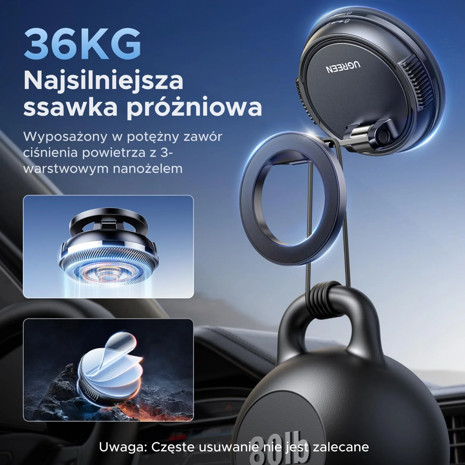 UGREEN Magsafe Uchwyt samochodowy N55 Super siła magnetyczna z ultra mocną przyssawką i silikonową podkładką, uchwyt na telefon komórkowy do samochodu Kompatybilny z iPhone 17 16 15 14 13 12 Pro Max