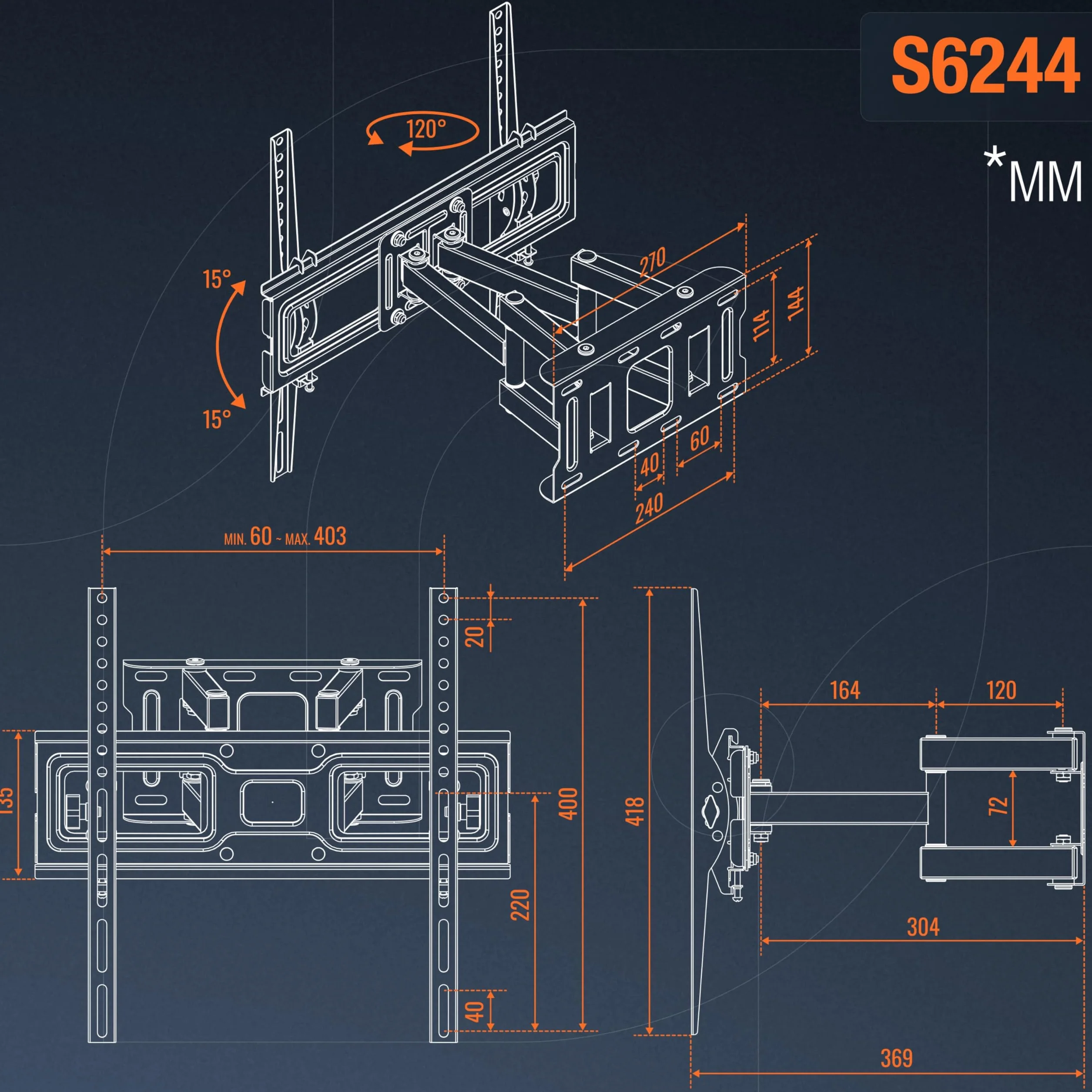 RICOO Uchwyt ścienny do telewizora S6244, uchylny 32-55 cali, VESA 400x400 mm, do 60 kg