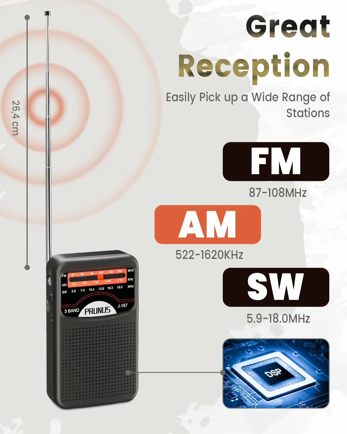 Prunus J-167 AM/SW/FM Przenośne Radio Tranzystorowe Kieszonkowe z Ładowaniem USB-C