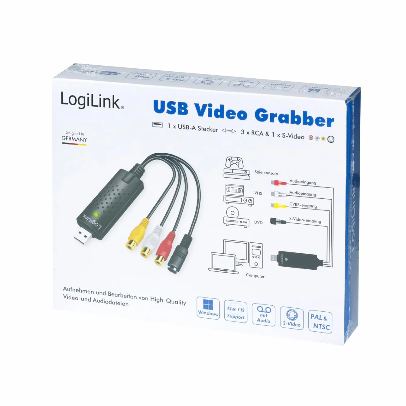 LogiLink VG0030A - USB 2.0 Audio/Video Grabber, 3 x cinch + miniDIN5 (S-Video) do Windows 7/8/10/11, Mac OS 10.7 lub nowszych, Android 5.0 lub nowszy