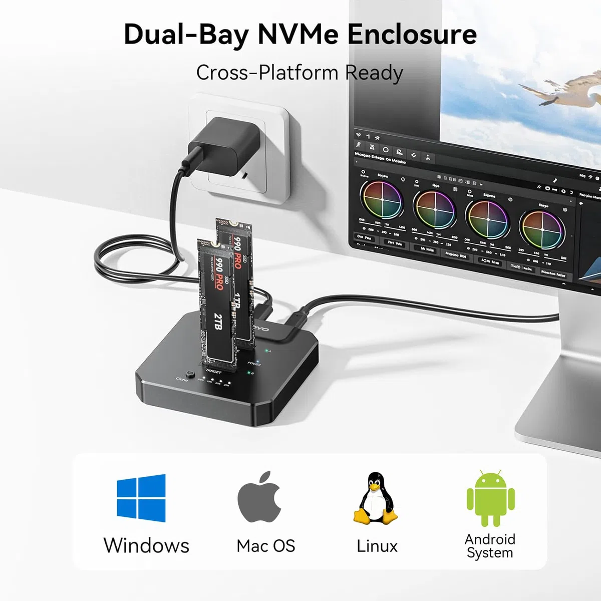 NVMe M.2 Clone SSD obudowa 20 Gbps USB 3.2 Gen2, Dual Bay M.2 NVMe stacja dokująca z klonowaniem offline do szybkiej aktualizacji komputera, migracji systemu i tworzenia kopii zapasowych danych