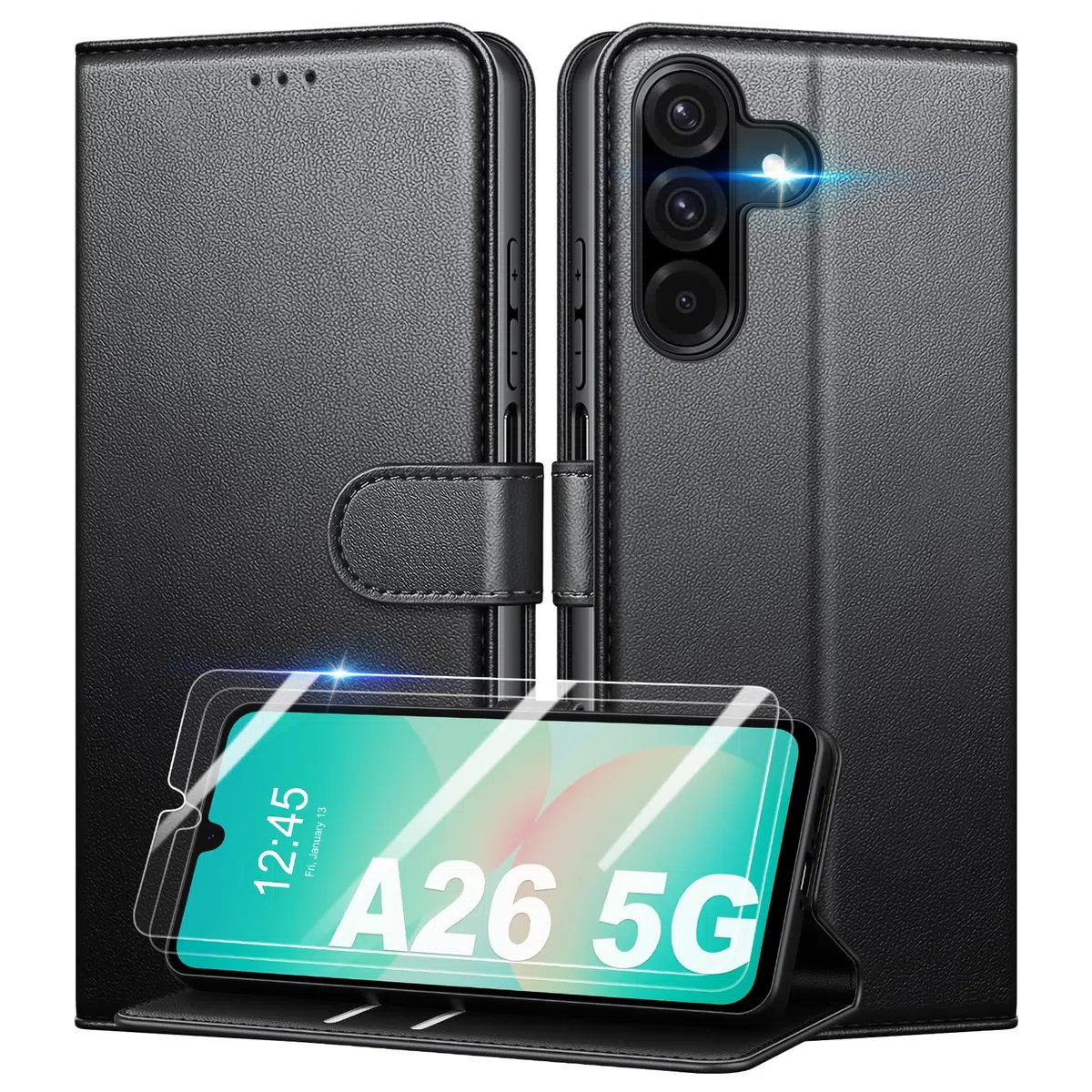 Etui do Samsung Galaxy A26 5G + osłona ekranu ze szkła hartowanego * 2, [blokada RFID] Wysokiej jakości etui z klapką ze skóry PU, portfel, pokrowiec na telefon ochronny [przegródki na karty