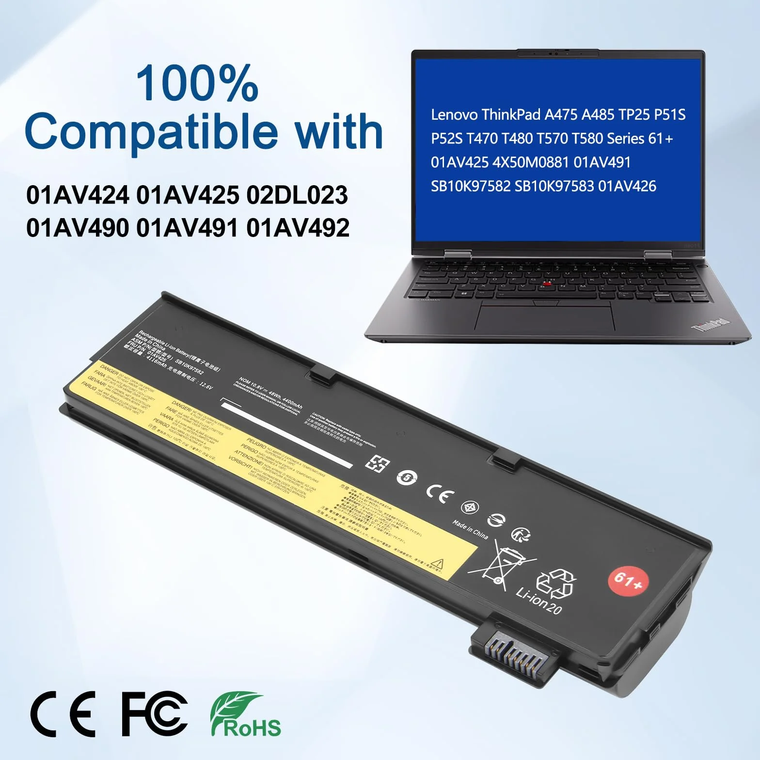 Exmate bateria do Lenovo ThinkPad A475 A485 TP25 P51S P52S T470 T480 T570 T580 10,8 V 4400 mah