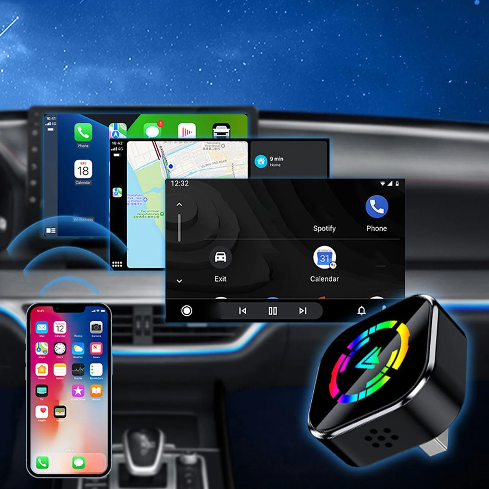 Goshyda Car Play Android Auto Bezprzewodowy Adapter 2 w 1, Podłączony do Bezprzewodowego Zasilacza Samochodowego z Automatycznym Połączeniem, Plug and Play dla Systemu OS X Android