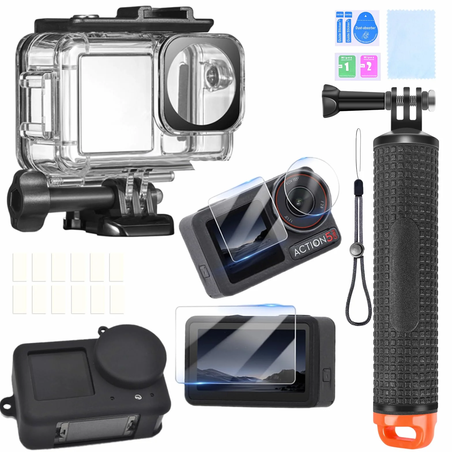 Zestaw akcesoriów do DJI OSMO Action 5 Pro, wodoodporna obudowa do nurkowania, podwodny uchwyt pływający, folia ochronna do szkła, silikonowe etui z osłoną obiektywu, wkładki przeciwmgielne