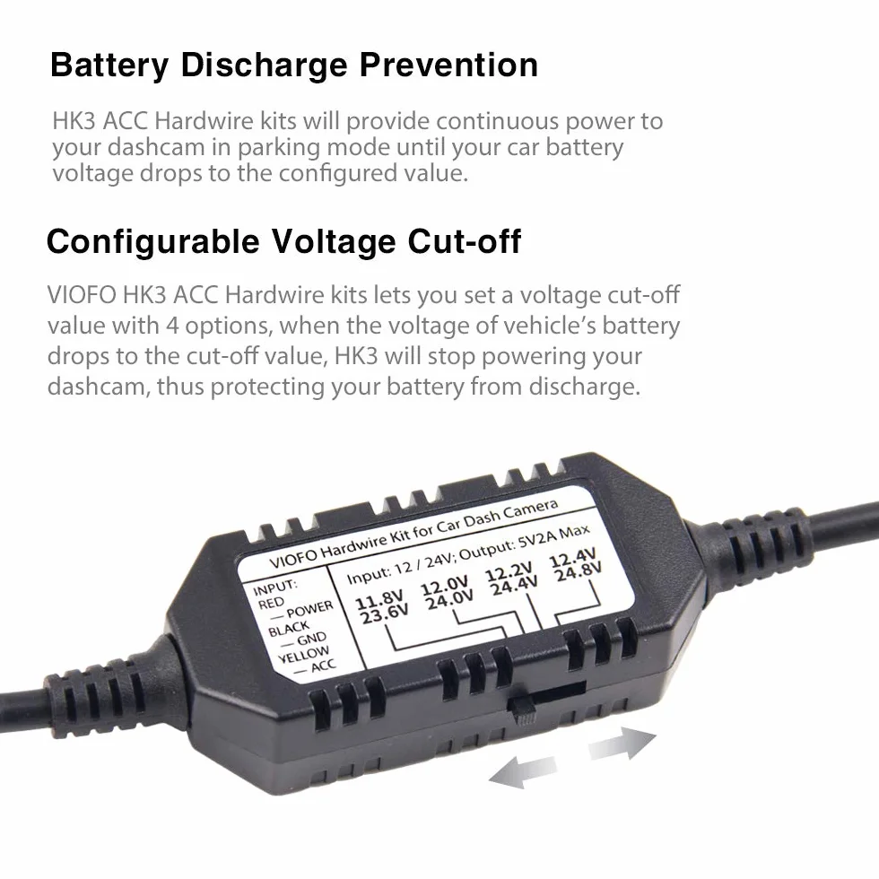 VIOFO HK3 Acc zestaw przewodów elektrycznych do A129, A129 Plus, A129 PRO, A129 IR, A119V3, aktywuje tryb parkowania i ochronę przed niskim napięciem