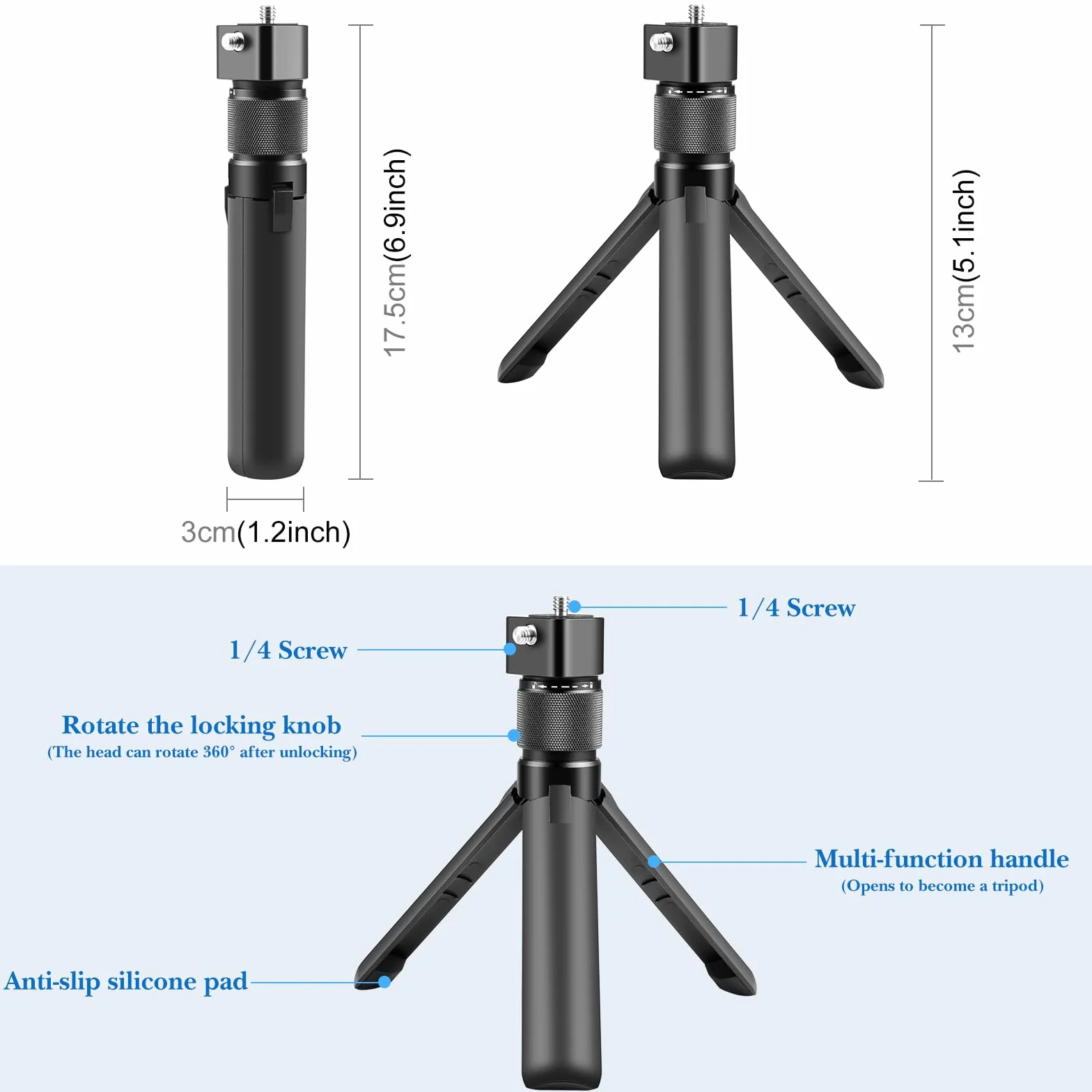 PULUZ Mini Składany Obrotowy Statyw do Kamery Sportowej 1/10.2 cm Śrubowy do Insta360 X3/X4/ONE X2/RS GoPro DJI