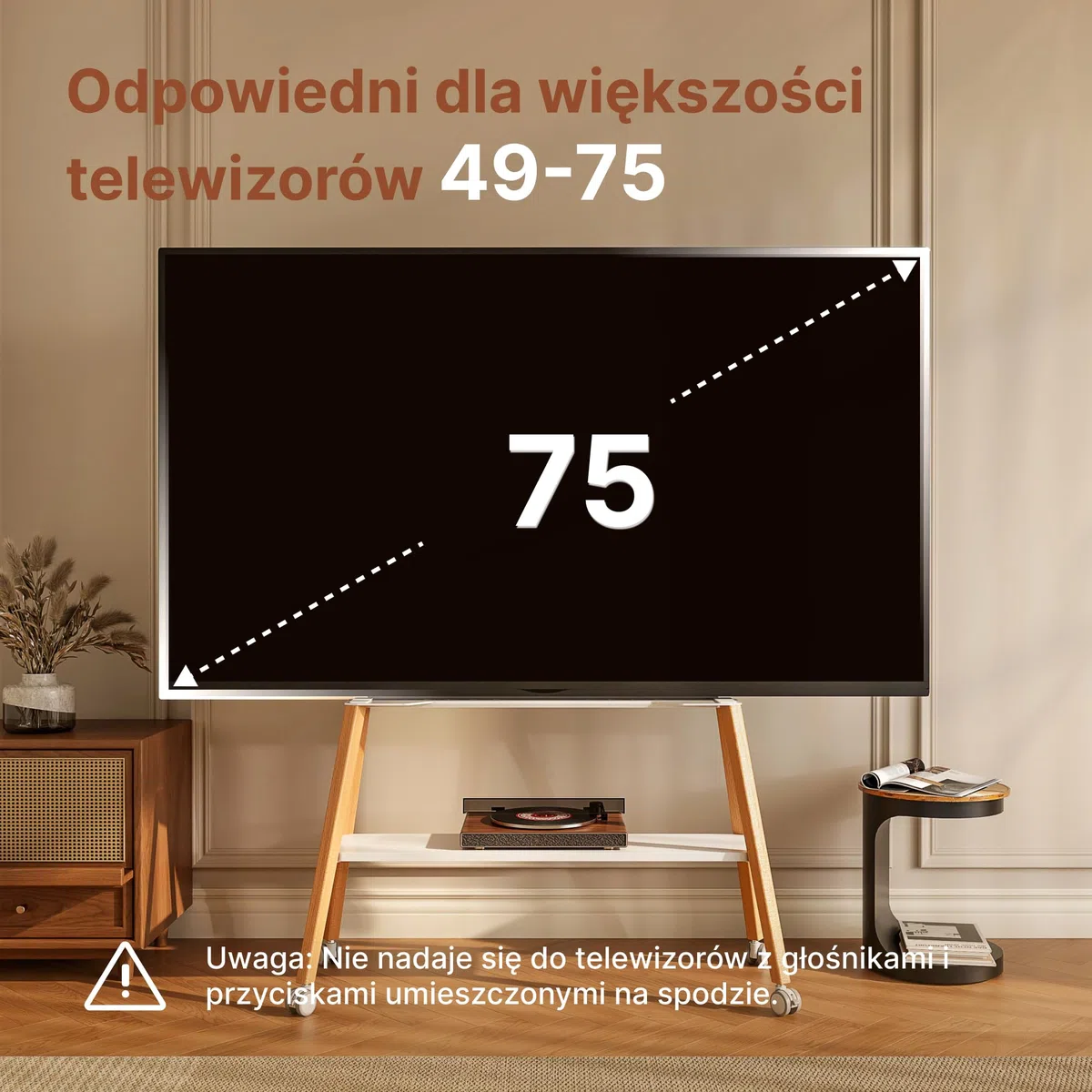 Easel Design z Stojak pod telewizor z kółkami, 49-75" do 40 kg | metalową strukturą i drewnianą półką, ruchomy stojak pod telewizor na kółkach do sklepu, biura, szkoły, domu, biały
