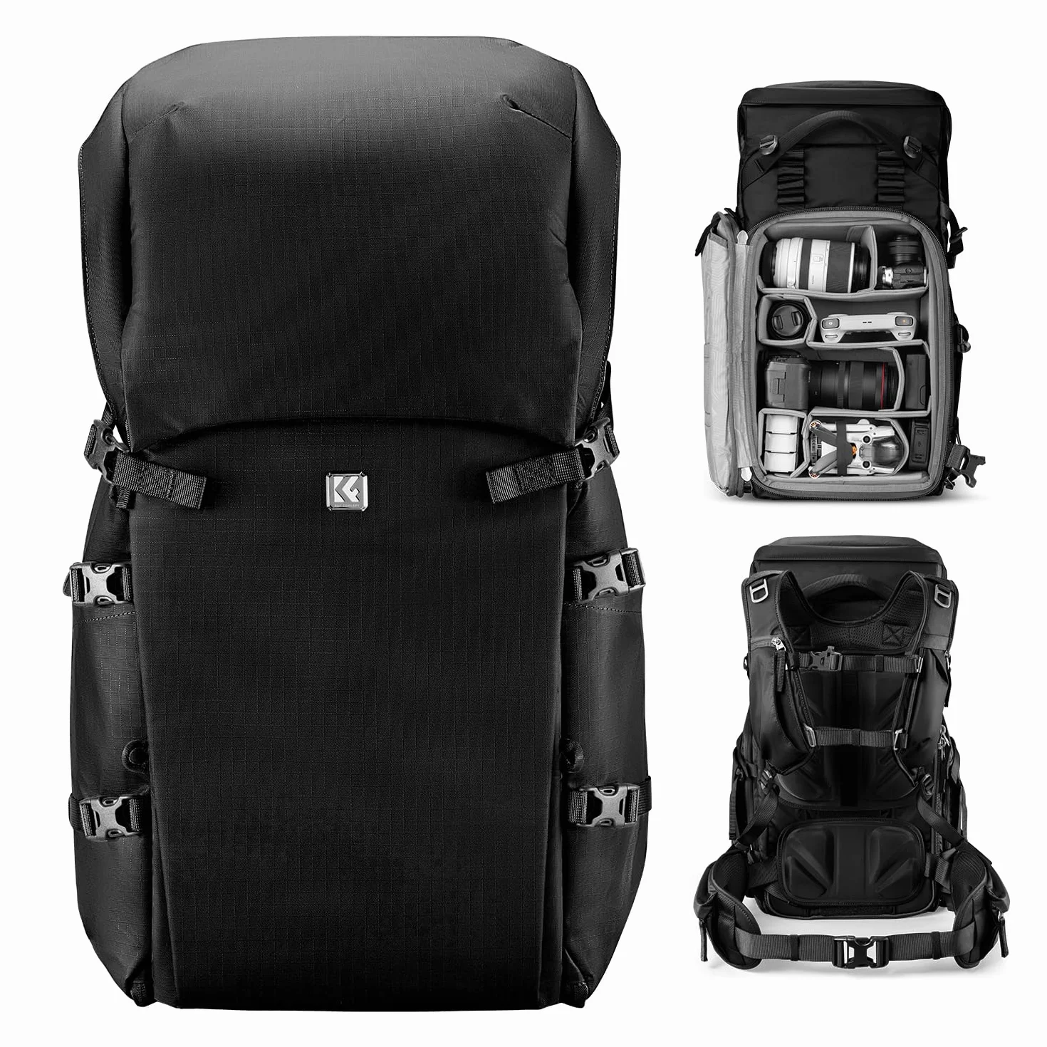 K&F Concept Plecak na aparat 30 l, profesjonalny, duży plecak fotograficzny, wodoszczelny, plecak podróżny na lustrzankę cyfrową, statyw/kask, do laptopa o przekątnej ekranu 15", nadaje się do