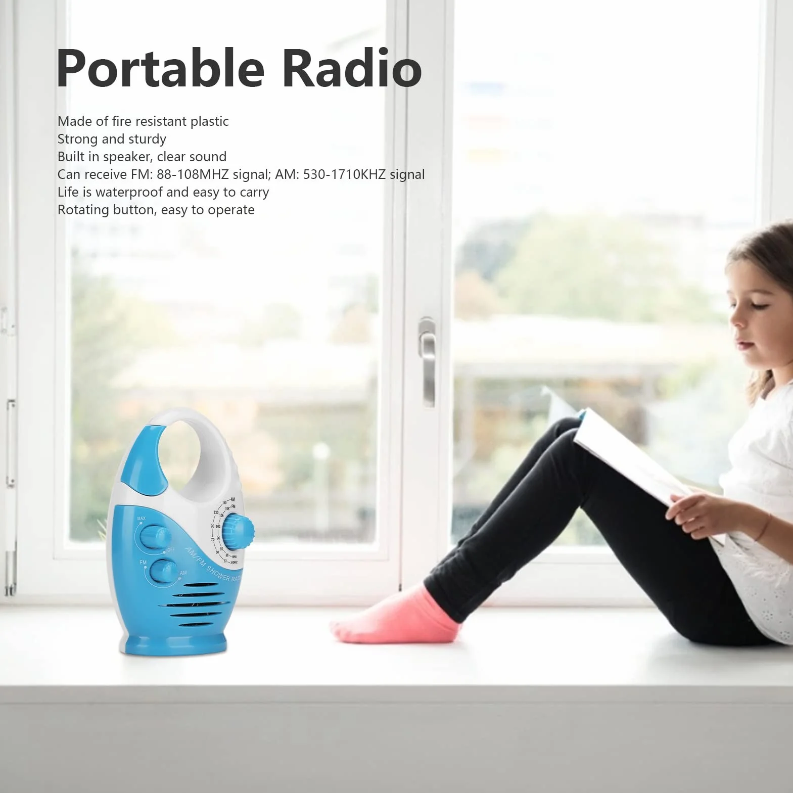 Radio Prysznicowe Wodoszczelne AM FM, Przenośne Radio Łazienkowe z Głośnikiem, Zasilanie Bateryjne, do Łazienki, Stolika Nocnego, Garażu