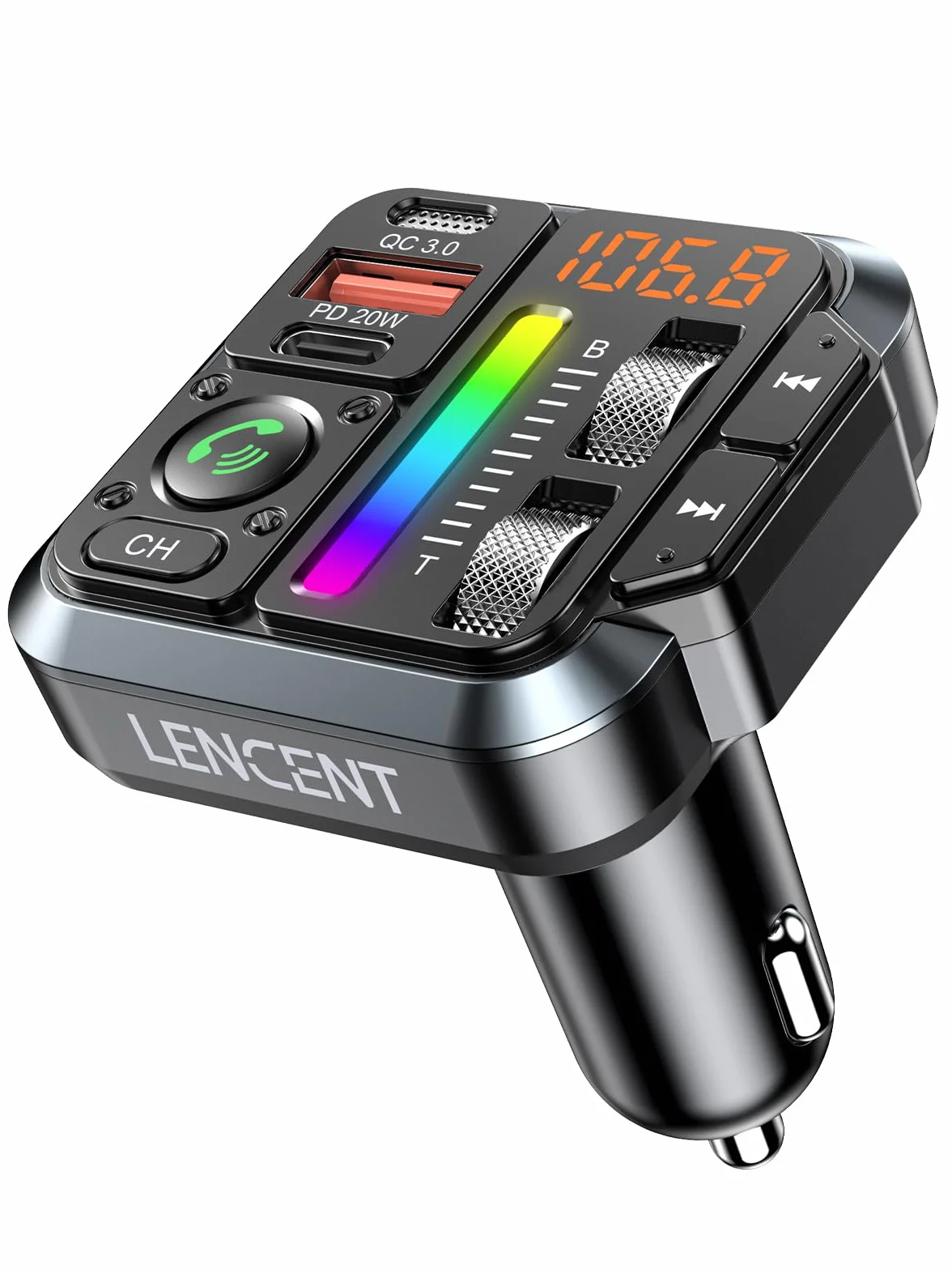 LENCENT 5.3 Samochodu Nadajnik FM Bluetooth, Bezprzewodowy Adapter Radiowy z Typ C PD 20 W + QC3.0 ładowarka Fast USB, Zestaw Głośnomówiący, Odtwarzacz Stereo MP3, Obsługuje dysk U, Kolorowe światło
