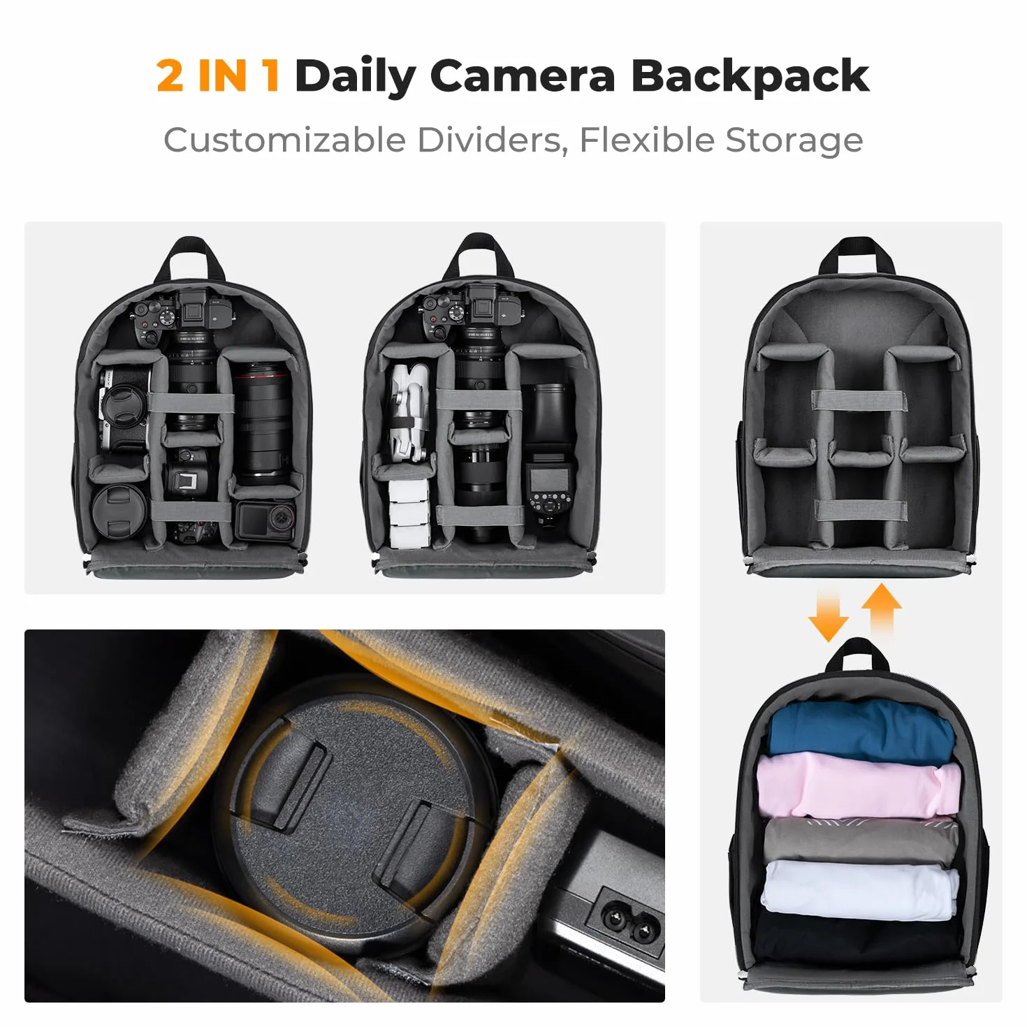 K&F CONCEPT Lekka torba na plecak na aparat, mała profesjonalna torba fotograficzna kompatybilna z aparatem Sony Canon Nikon i akcesoriami do obiektywów, z podwójnymi przednimi kieszeniami i paskiem