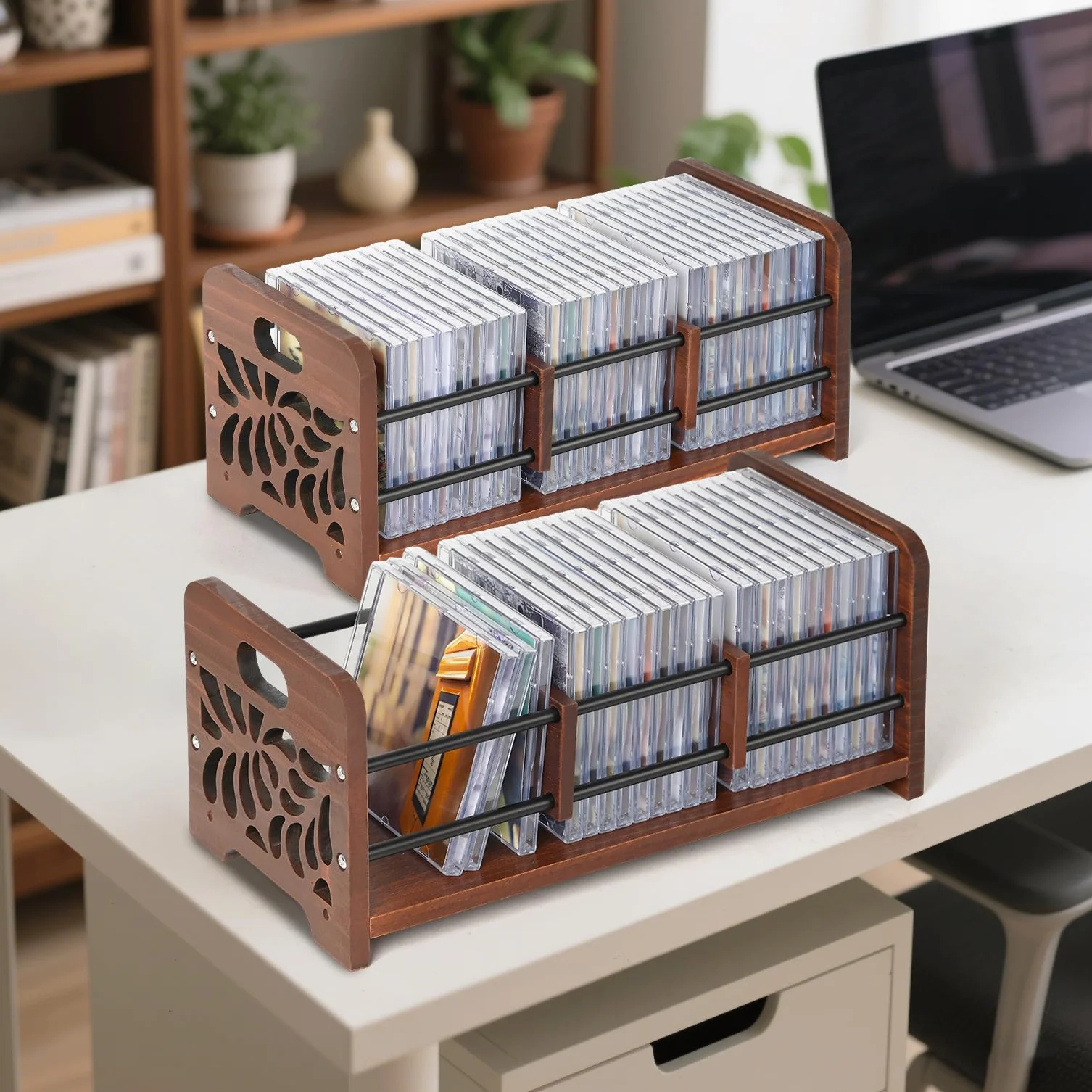 Drewniany stojak na płyty CD i DVD organizer z uchwytami wzór kwiatów szkieletowych