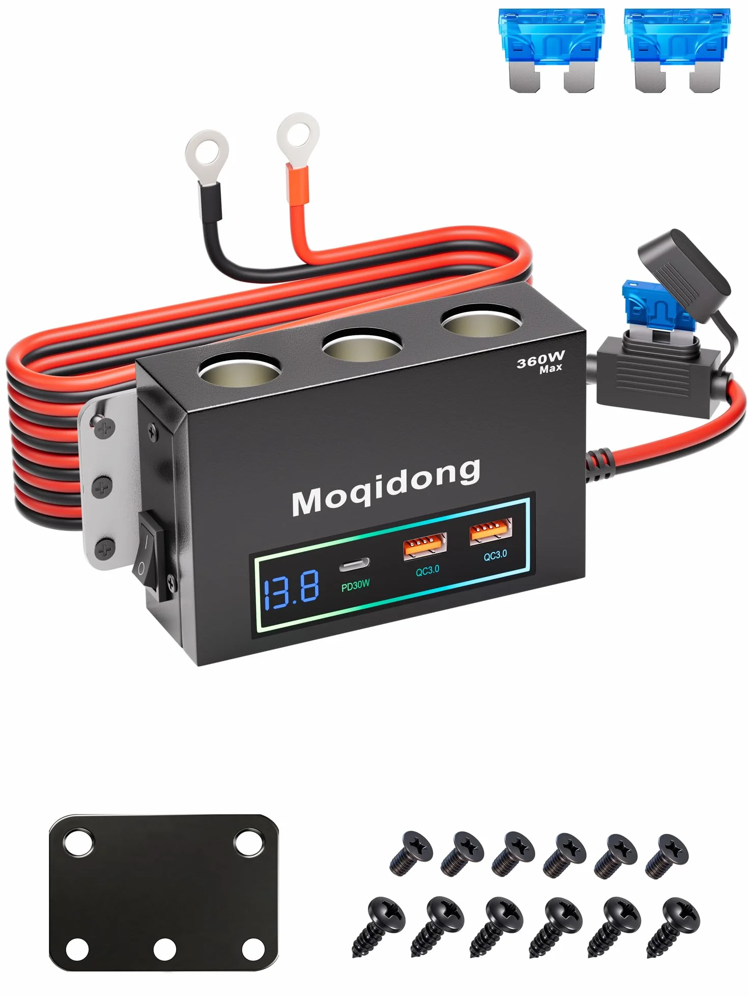 Adapter do zapalniczki samochodowej 360 W z zaciskiem oczkowym: 15 A metalowe gniazdo zapalniczki 12 V 30 W USB C gniazdo zasilania samochodowego 12 V rozdzielacz łódź port ładowania USB