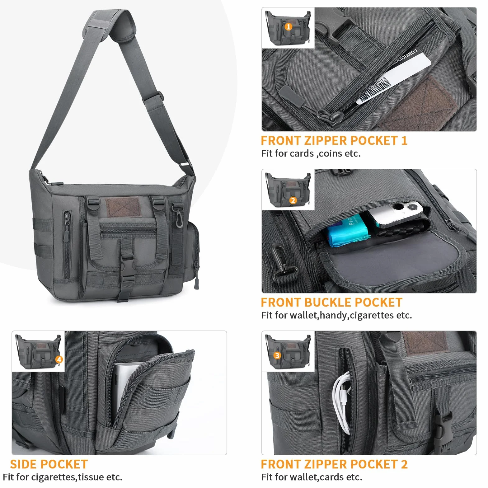 Huntvp Taktyczna torba na ramię, wojskowa, torba typu crossbody, wodoodporna, z regulowanym paskiem na ramię, do użytku na zewnątrz
