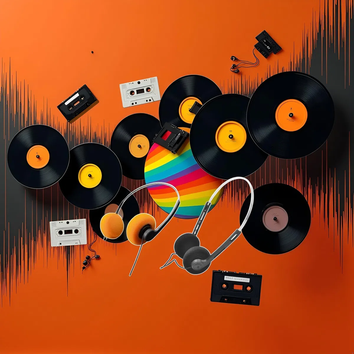 2 szt. retro słuchawki douszne, przewodowe słuchawki stereo, słuchawki, lekkie przenośne słuchawki z regulowaną opaską na głowę, magnetofonem, nauszne (pomarańczowe i czarne)