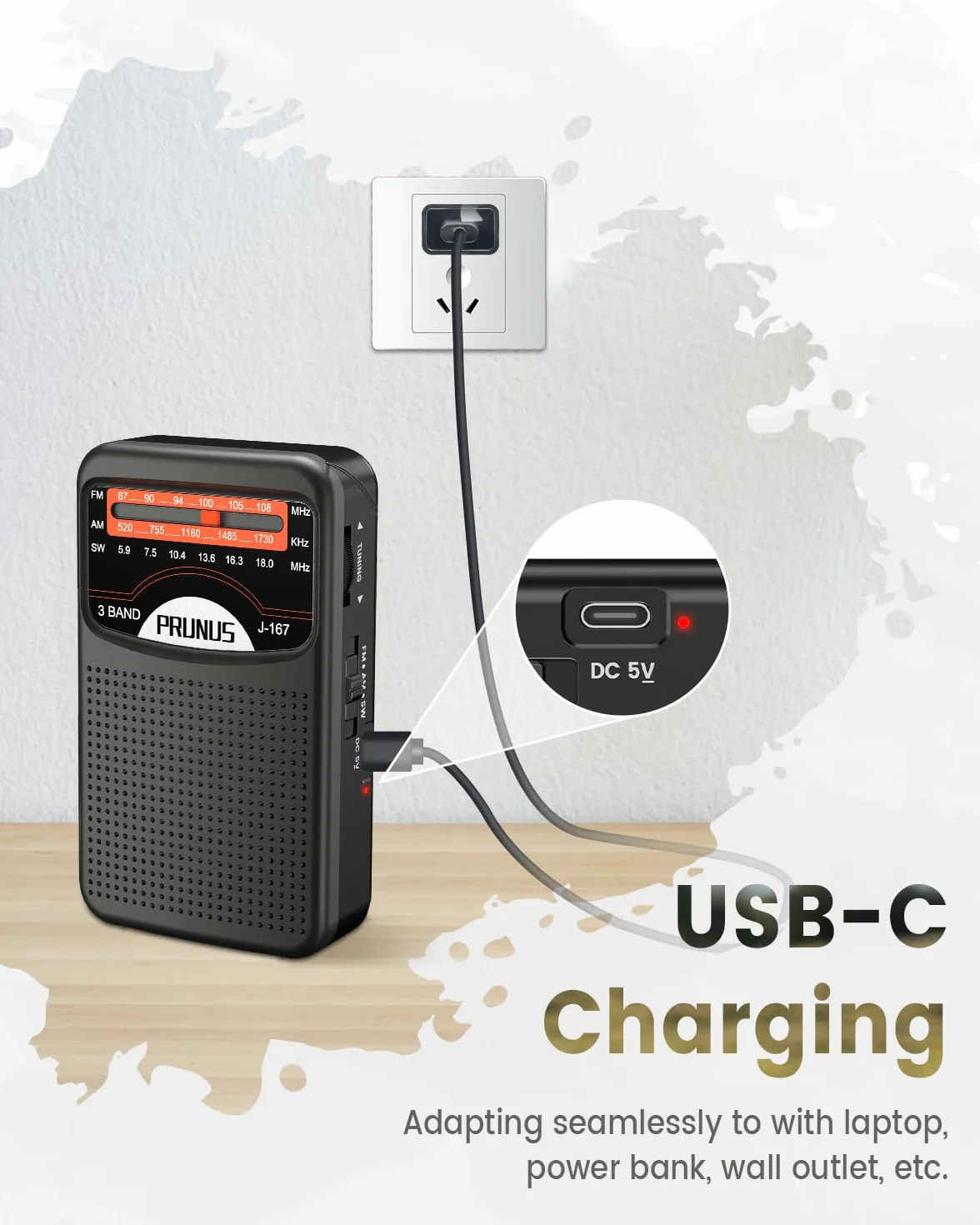 Prunus J-167 AM/SW/FM Przenośne Radio Tranzystorowe Kieszonkowe z Ładowaniem USB-C