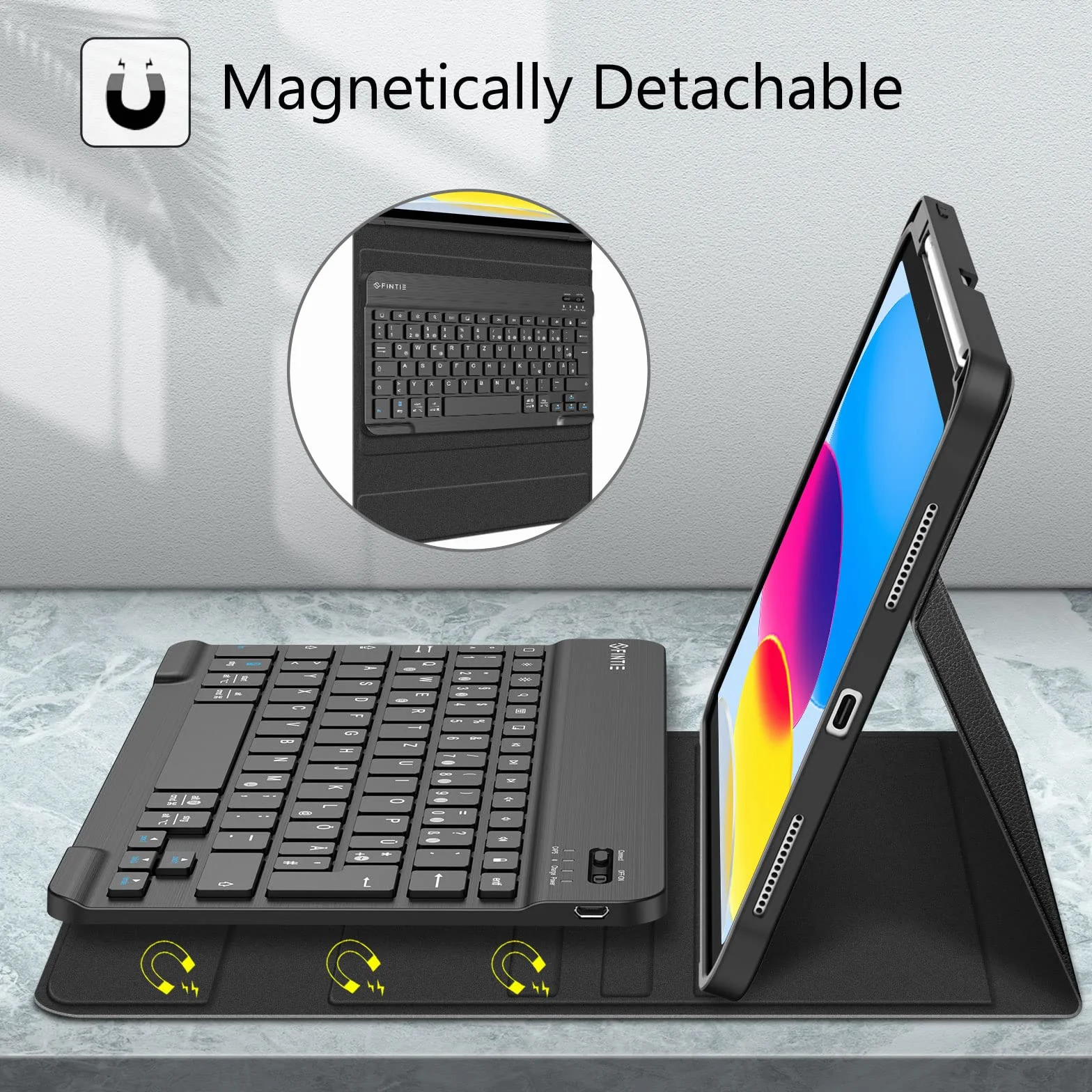 FINTIE Etui na klawiaturę do iPad 11.Generation 11" 2025, iPad 10. generacji 2022 10,9", etui ochronne z tylną obudową z TPU, uchwytem na rysik i magnetyczną zdejmowaną klawiaturą z układem QWERTZ