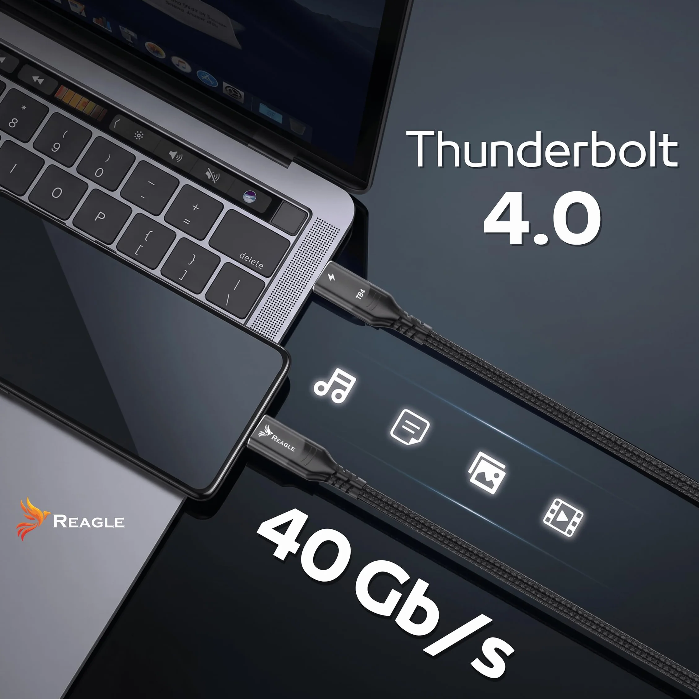 Reagle Kabel Thunderbolt 4 USB-C Do USB-C 2M, 40 Gbit/s, Power Delivery 100 W, 8K 60 Hz, 4K 120 Hz, Kompatybilny Z MacBook Pro/Air, iPhone 17/16, iMac, USB4, Thunderbolt 3, Monitor, Dock, SSD
