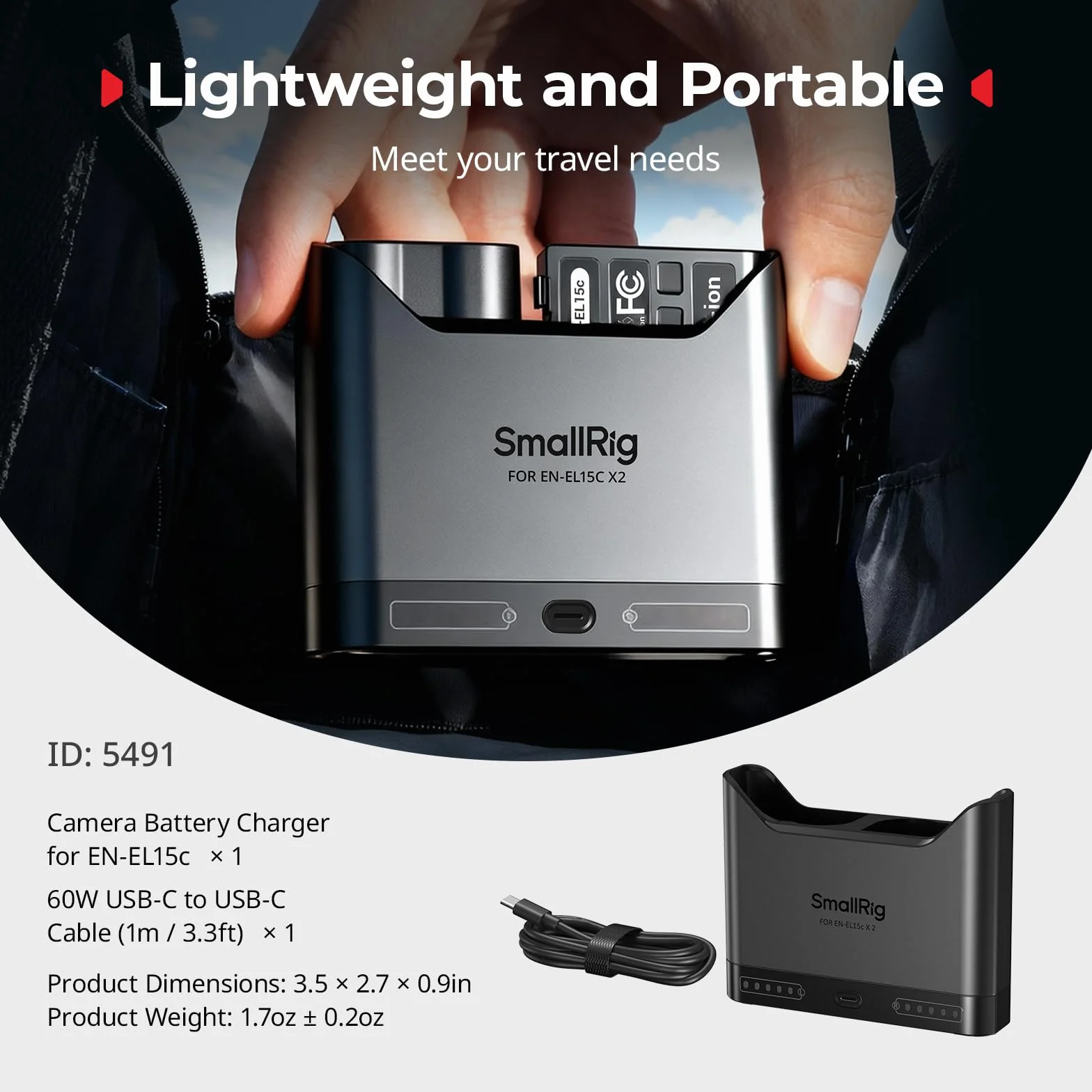SMALLRIG Ładowarka akumulatorów EN-EL15c do Nikon, 2-godzinna, dwie ładowarki, USB-C 22,5W, kompatybilna ZR, Z6III, Zf, Z8, Z7II, Z7, Z6II, Z6, D850, D810