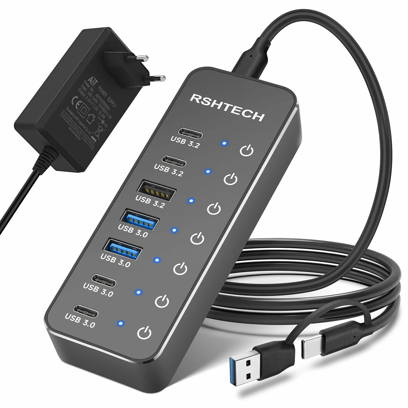 RSHTECH 7-portowy koncentrator USB C 3.2 aktywny z zasilaczem sieciowym – koncentrator USB 3.1 Gen2 z 3 portami 10 Gbps (typ A, 2 x typ C), 3,0 5 Gbps (2 x Ty-A, 2 * Ty-C) - kabel do transmisji danych