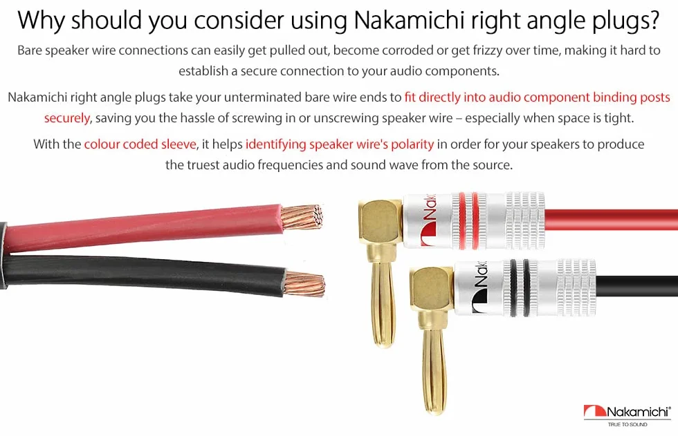 Nakamichi Excel Series 24K pozłacany wtyk bananowy 12 AWG - 18 AWG Rozmiar miernika 4 mm do głośników Wzmacniacz Hi-Fi Odbiornik AV Stereo Kino domowe Złącze Audio (4, Wtyki bananowe kątowe)
