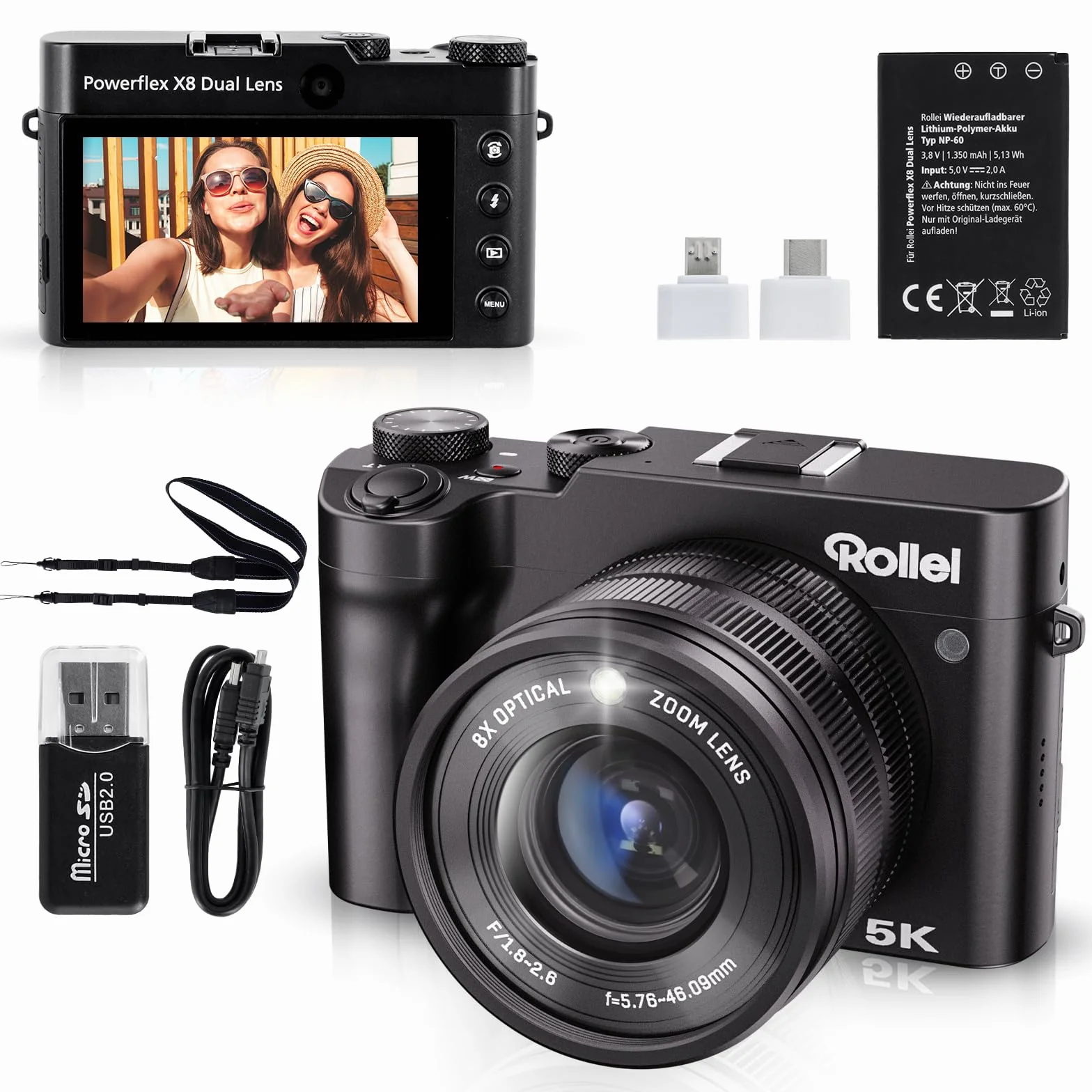 Rollei Aparat cyfrowy 64 MP 5K, aparat cyfrowy Powerflex X8 z podwójnym obiektywem z 8-krotnym zoomem optycznym, kompaktowy aparat z ekranem dotykowym 3,6 cala, przenośna kamera fotograficzna, 3 opcje